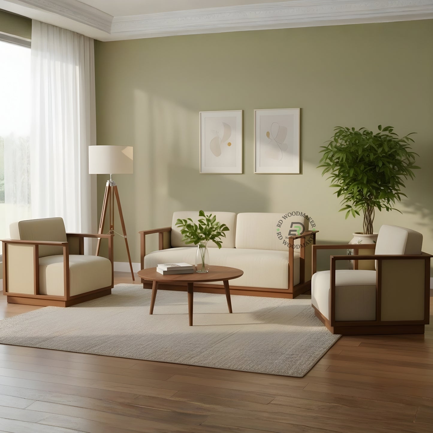 MODERN WOOD FRAME BEIGE SOFA