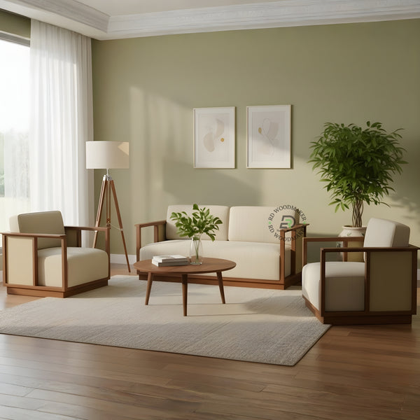MODERN WOOD FRAME BEIGE SOFA 3+1+1
