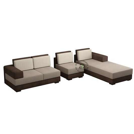 MODULAR L SHAPE WOODEN SOFA WITH BEIGE CUSHIONS