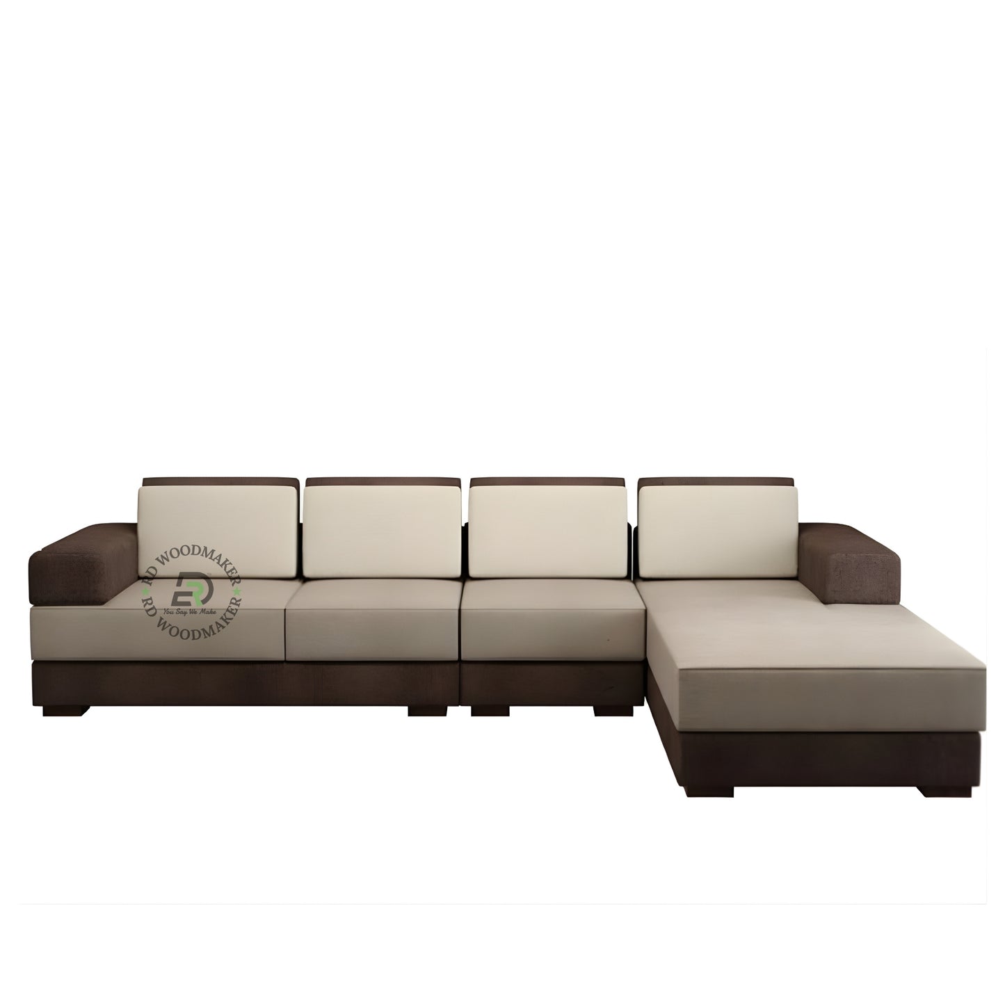 MODULAR L SHAPE WOODEN SOFA WITH BEIGE CUSHIONS