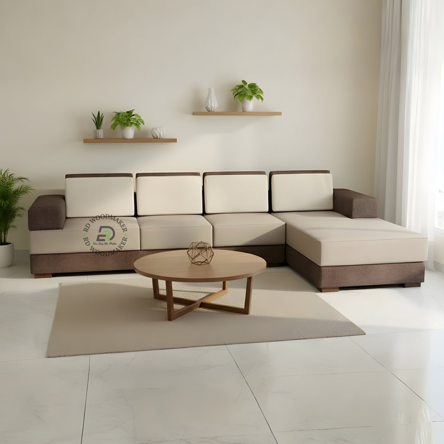 MODULAR L SHAPE WOODEN SOFA WITH BEIGE CUSHIONS