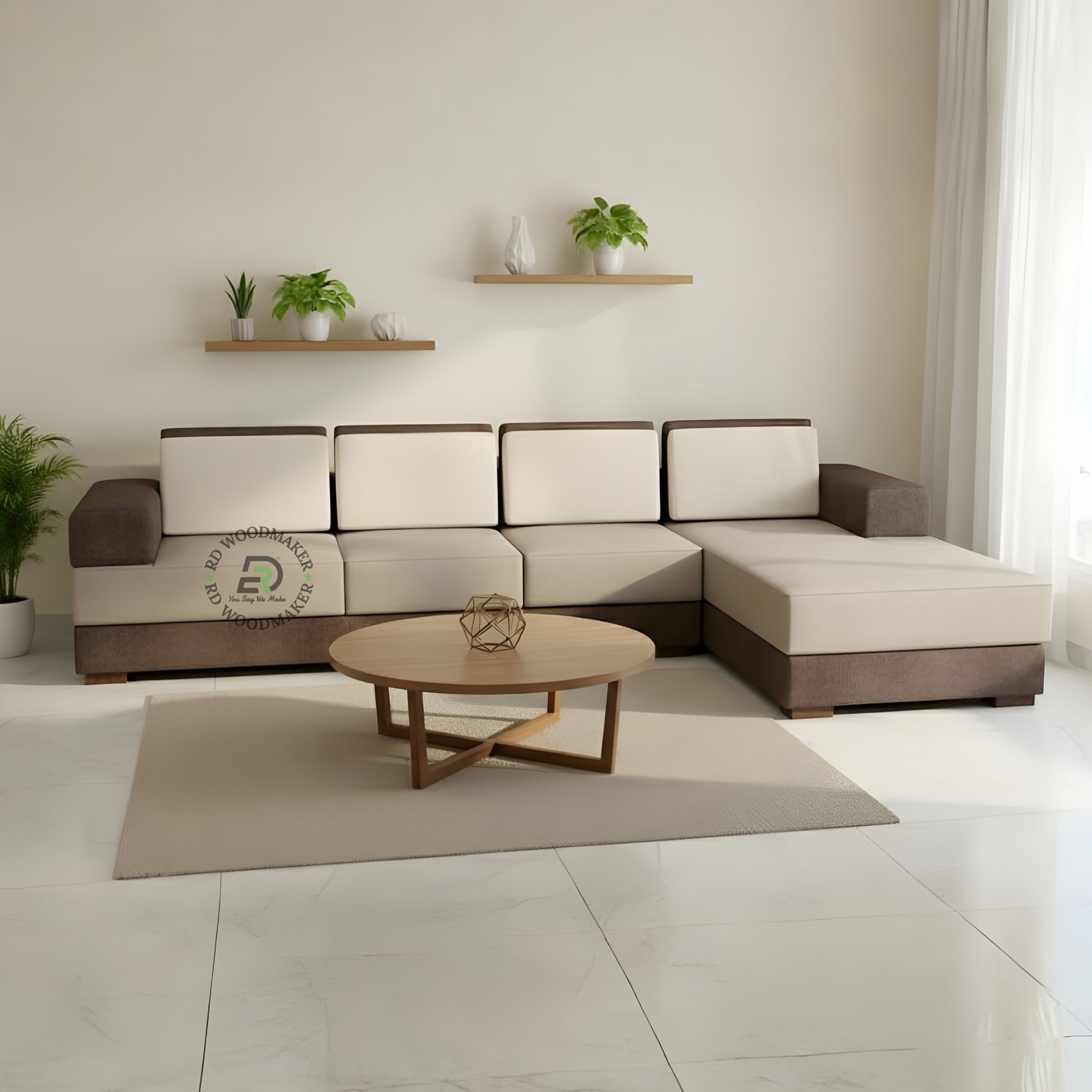 MODULAR L SHAPE WOODEN SOFA WITH BEIGE CUSHIONS