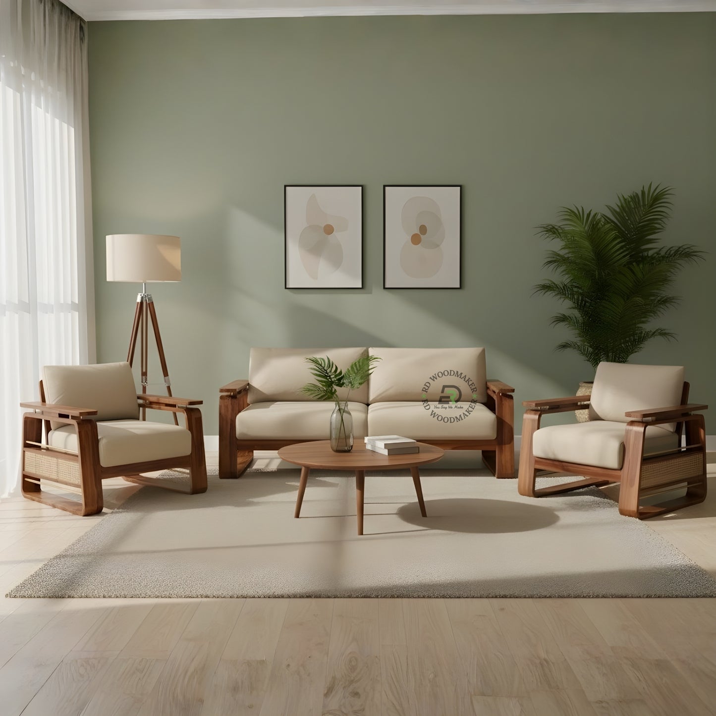 CONTEMPORARY WOODEN SOFA WITH CURVED ARM DESIGN