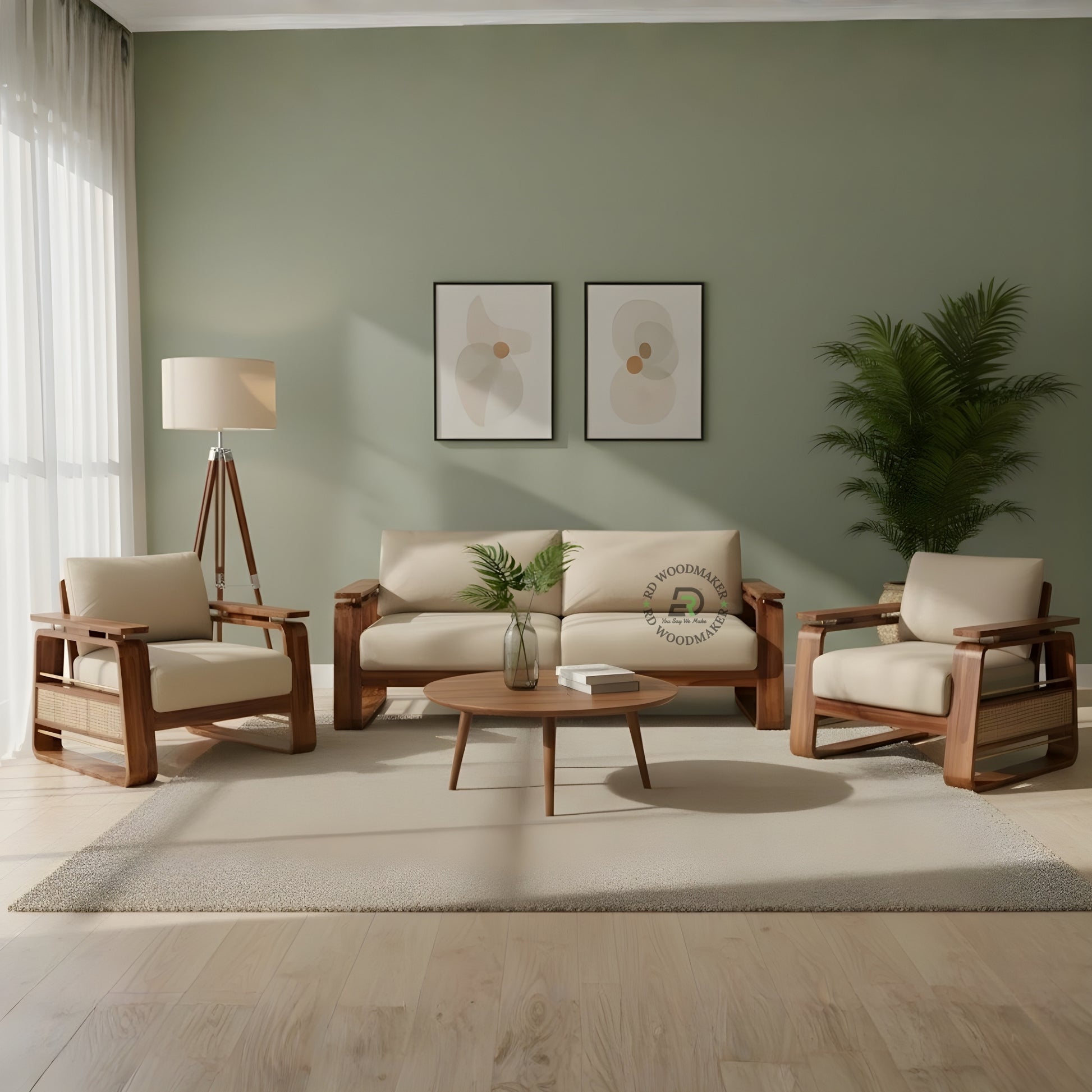 CONTEMPORARY WOODEN SOFA WITH CURVED ARM DESIGN