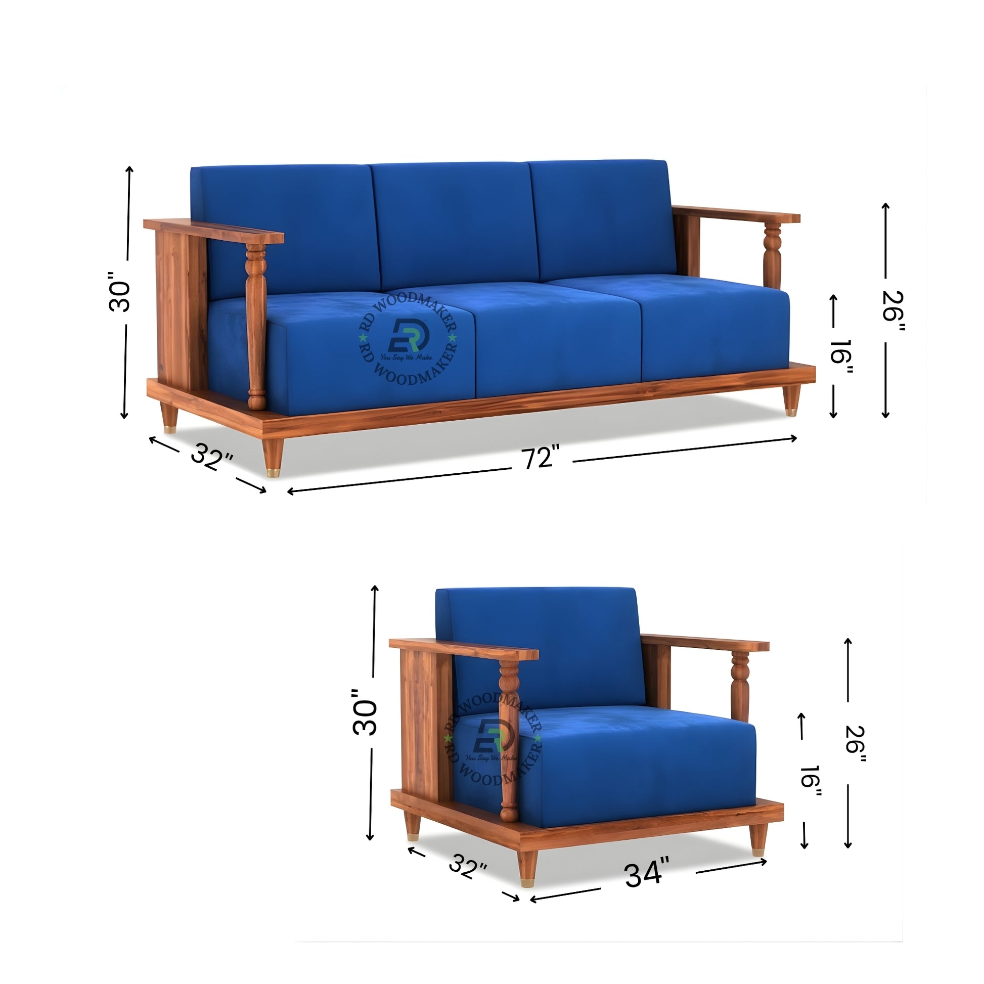 MODERN BLUE THREE SEATER WOODEN SOFA