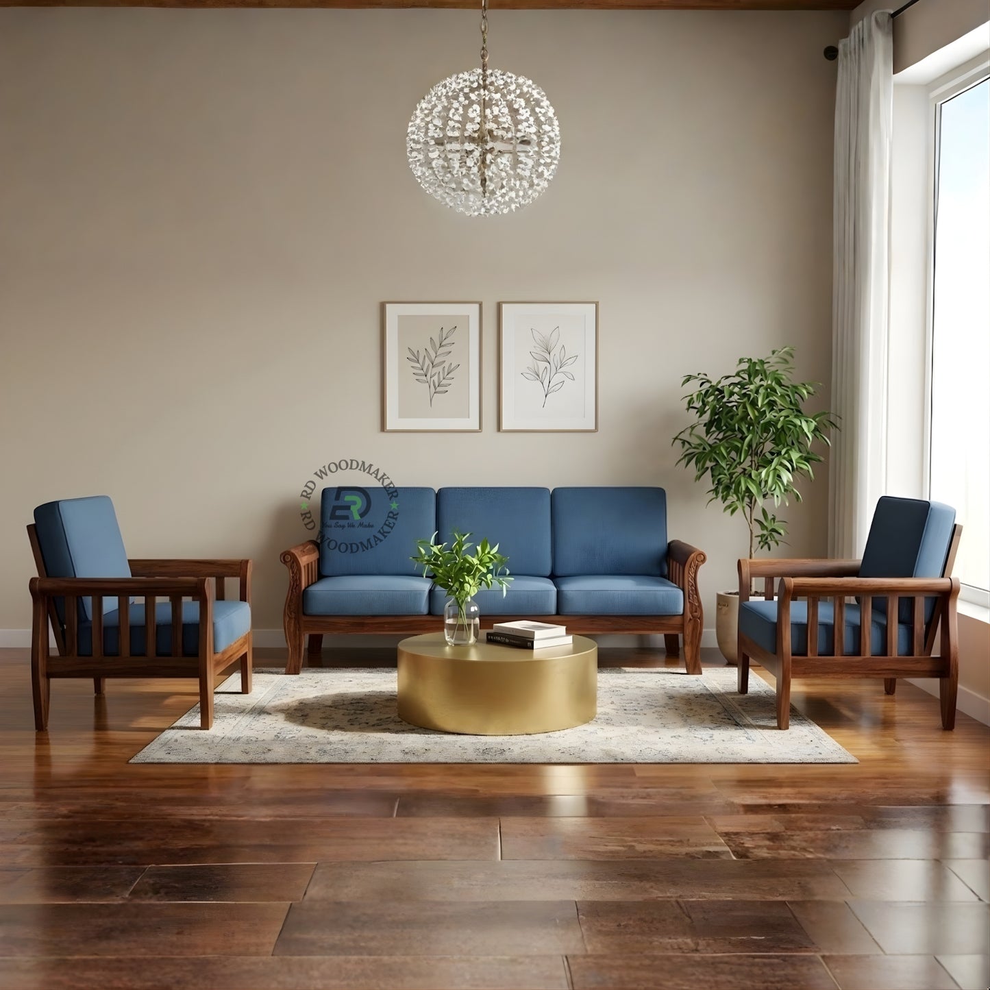MODERN BLUE THREE SEATER WOODEN SOFA