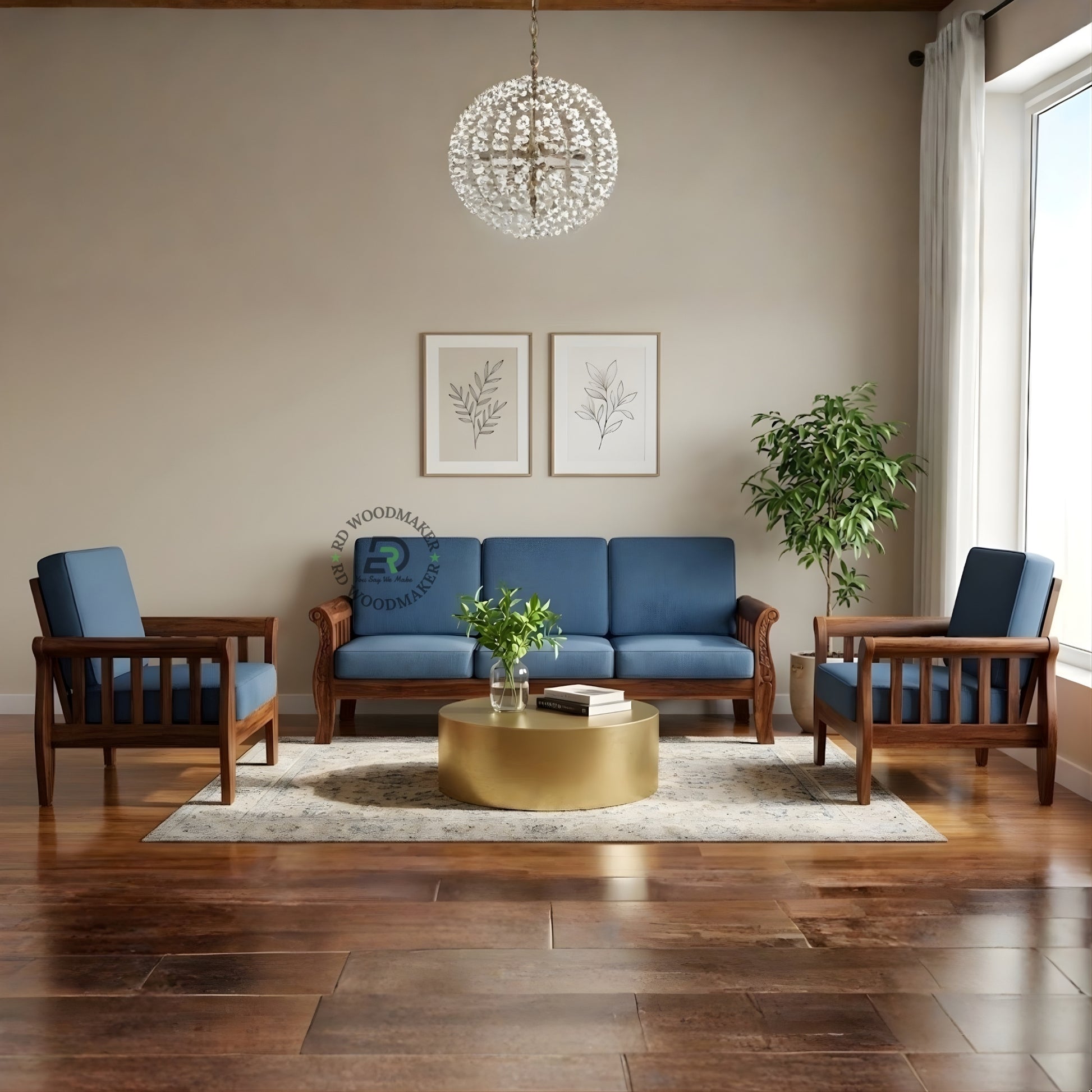 MODERN BLUE THREE SEATER WOODEN SOFA