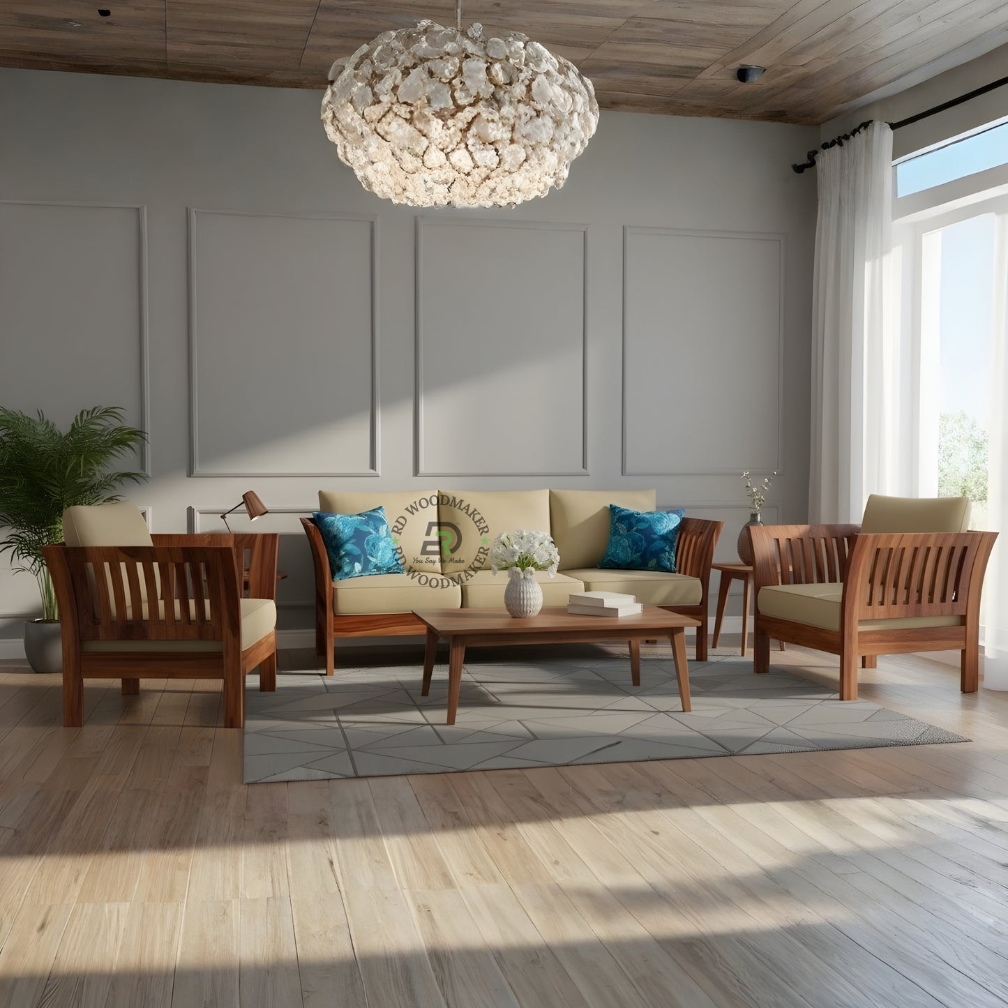 MODERN CURVED WOODEN FRAME 3 SEATER SOFA SET