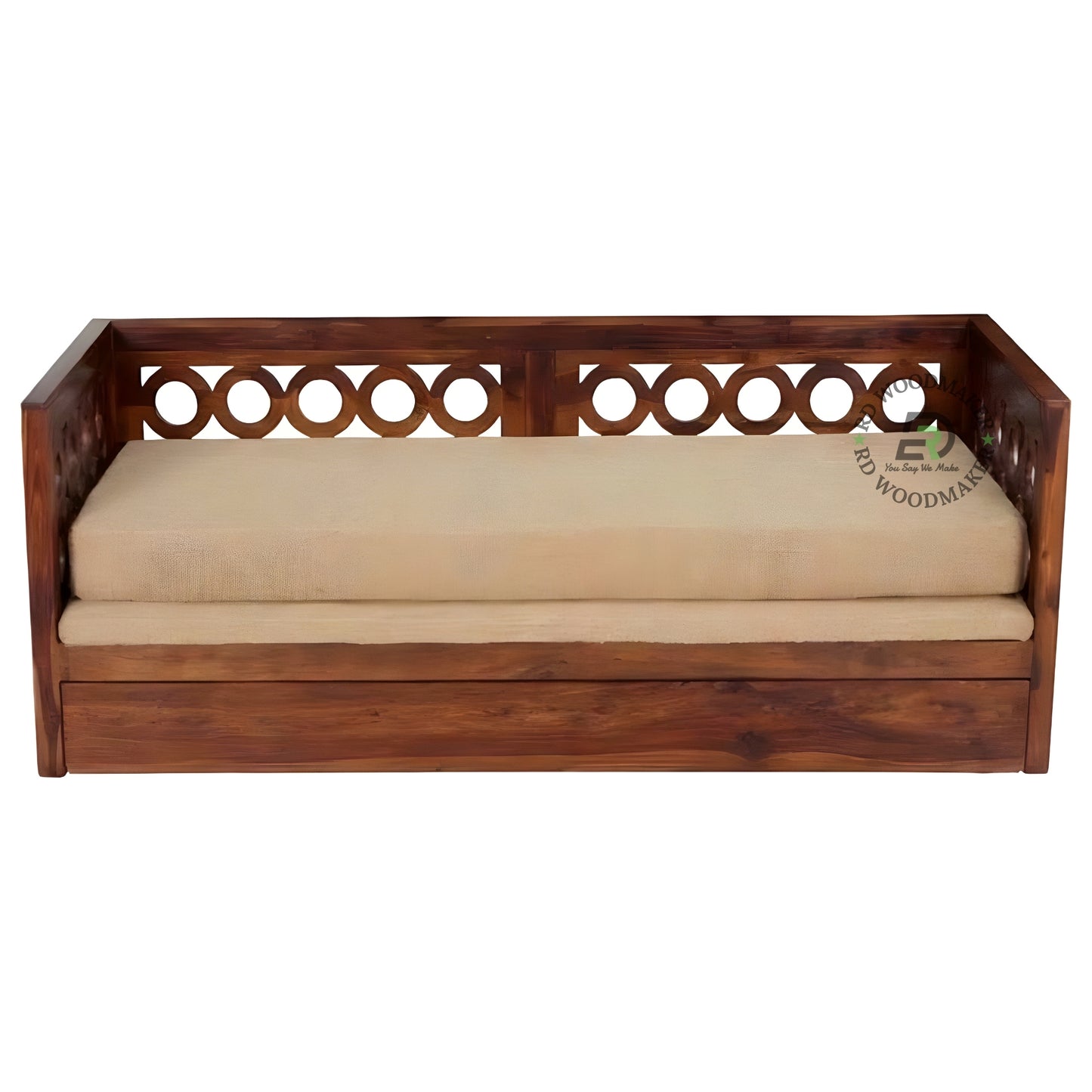 TRADITIONAL JALI DESIGN WOODEN SOFA CUM BED WITH STORAGE