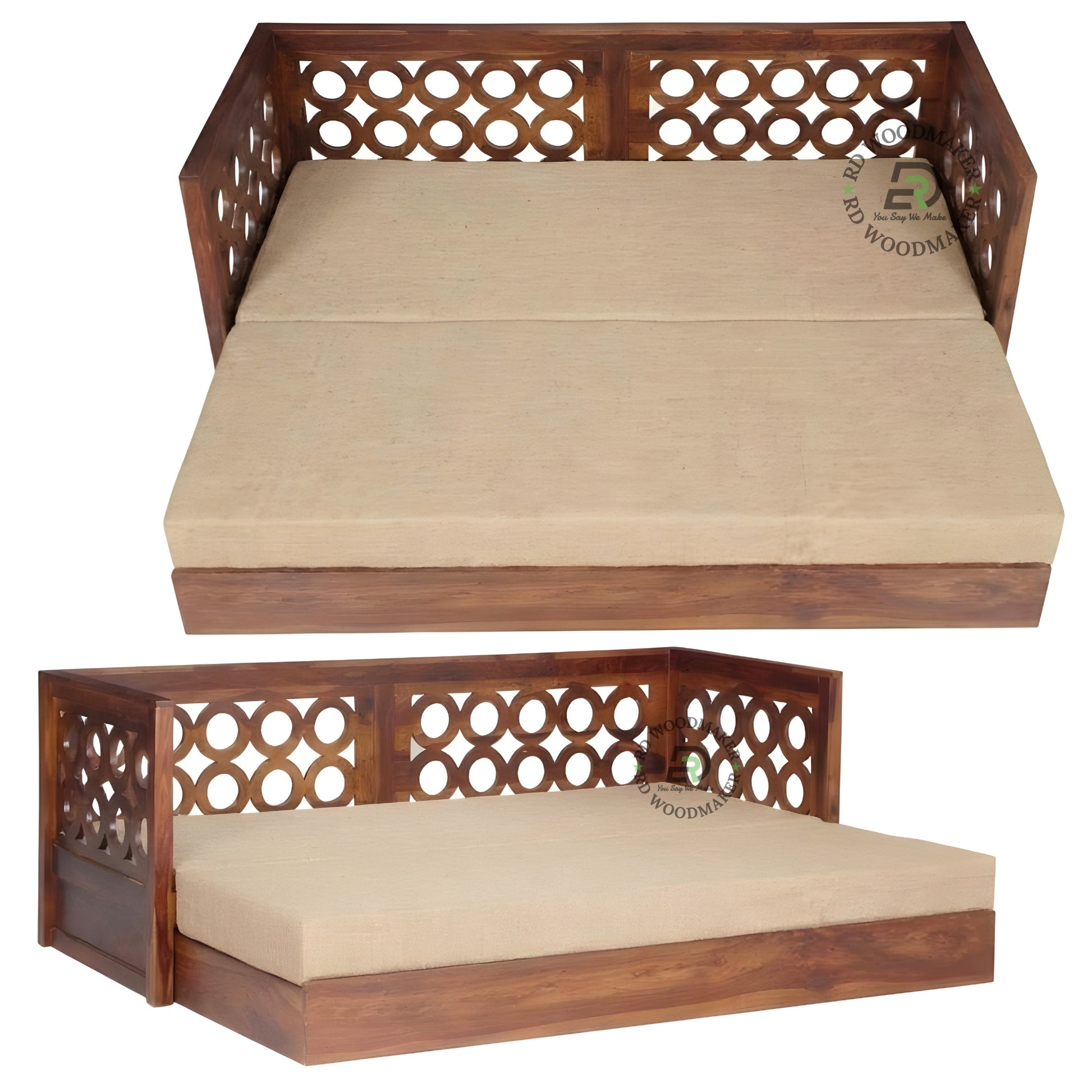 TRADITIONAL JALI DESIGN WOODEN SOFA CUM BED WITH STORAGE