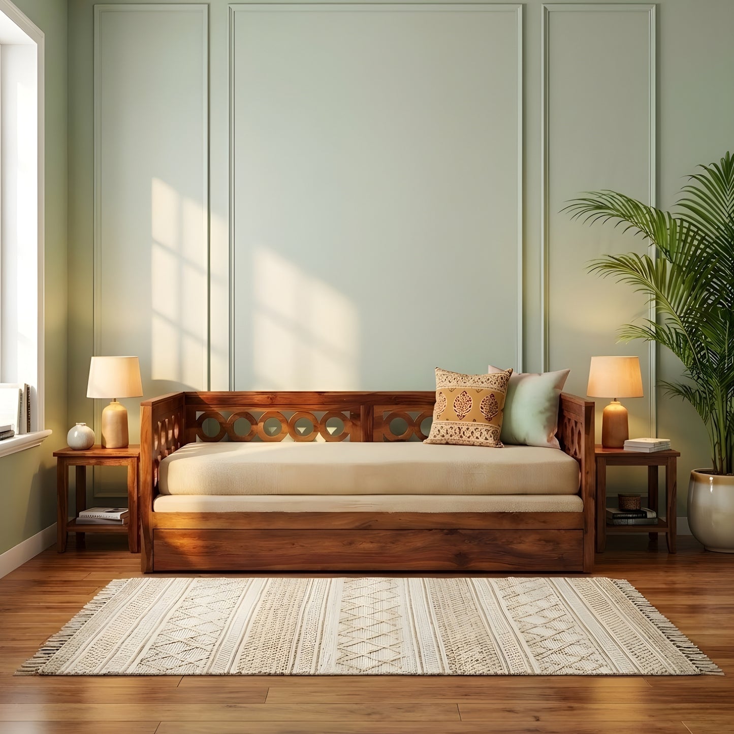 TRADITIONAL JALI DESIGN WOODEN SOFA CUM BED WITH STORAGE