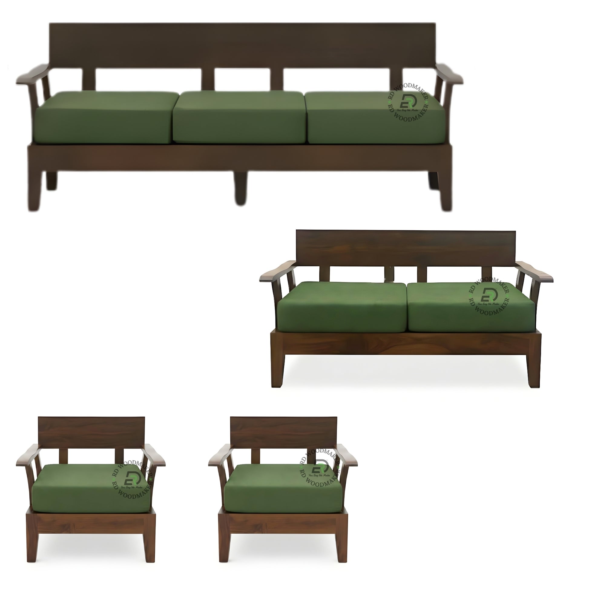 MODERN WOODEN SOFA SET WITH GREEN CUSHIONS AND ARMREST