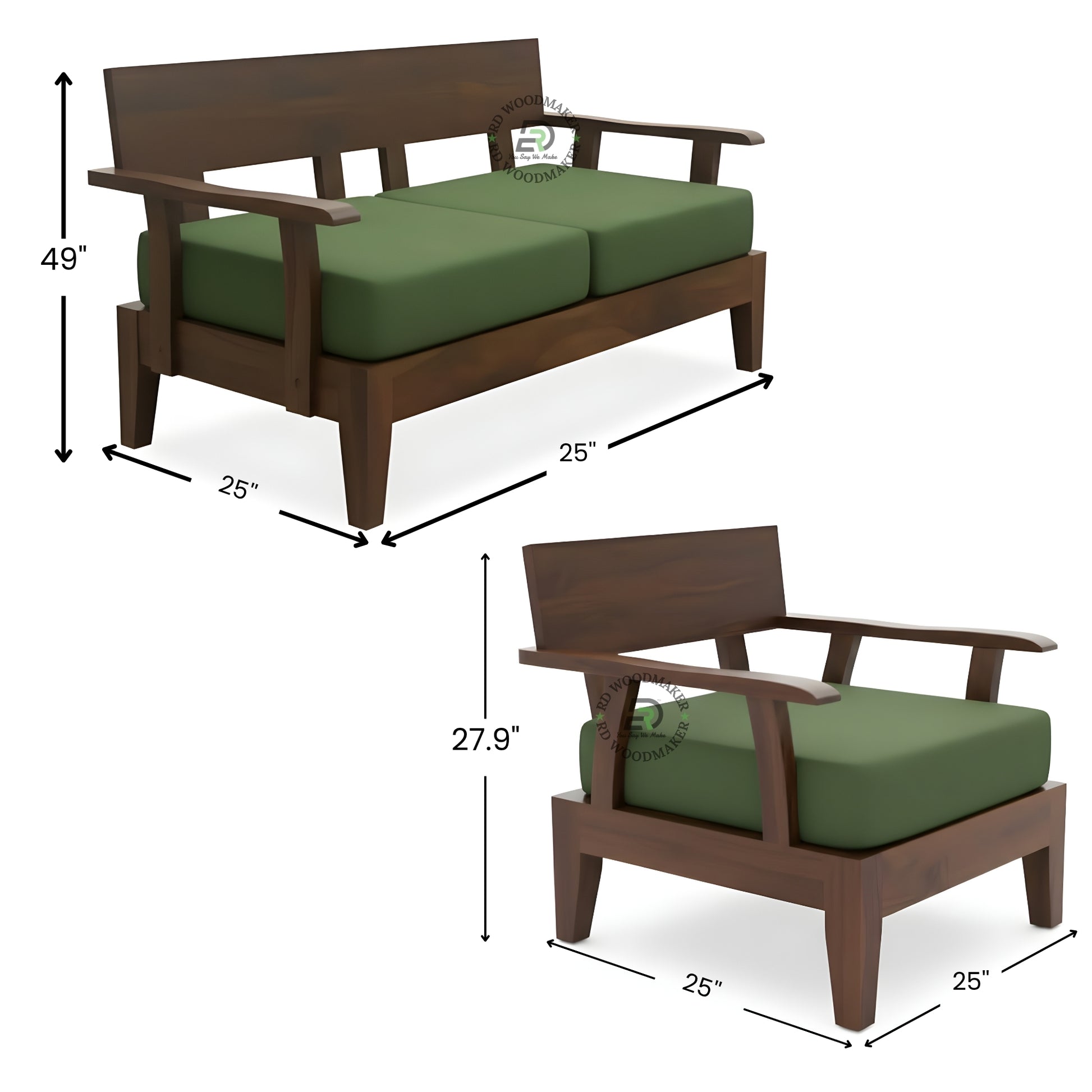 MODERN WOODEN SOFA SET WITH GREEN CUSHIONS AND ARMREST