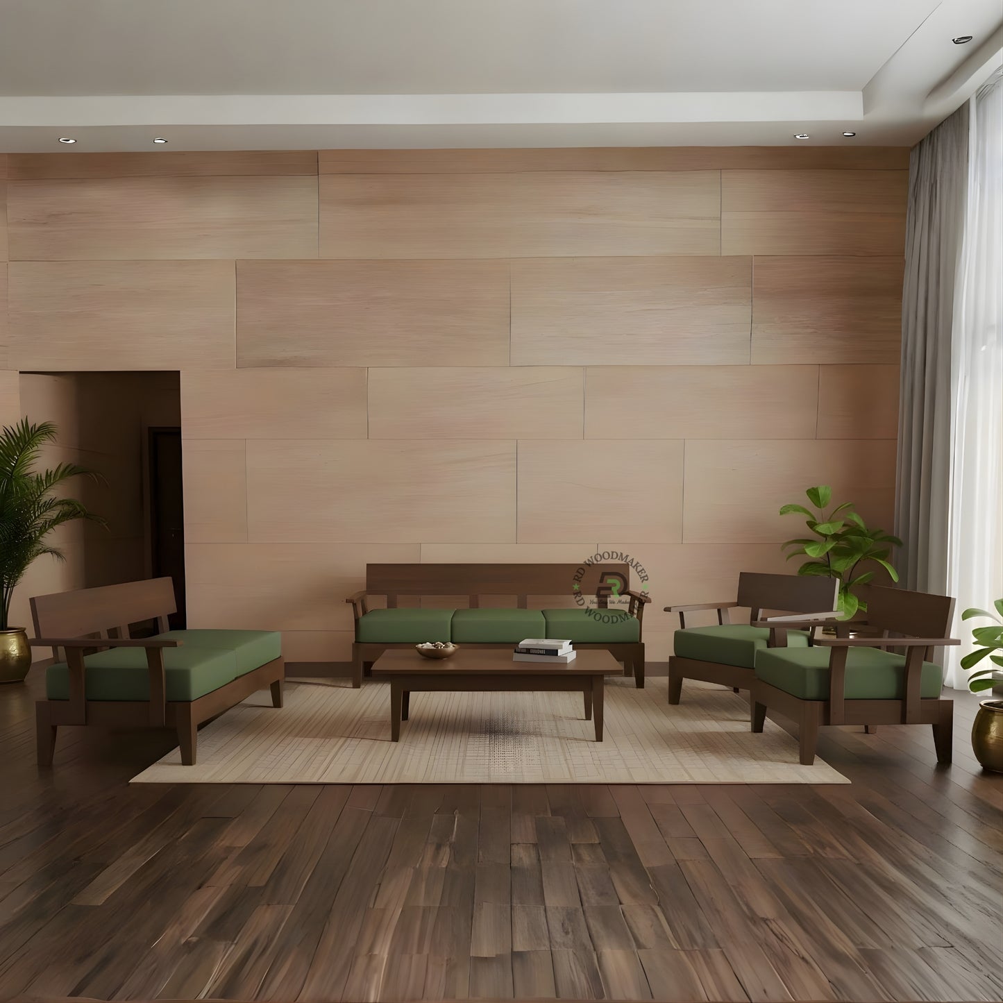 MODERN WOODEN SOFA SET WITH GREEN CUSHIONS AND ARMREST