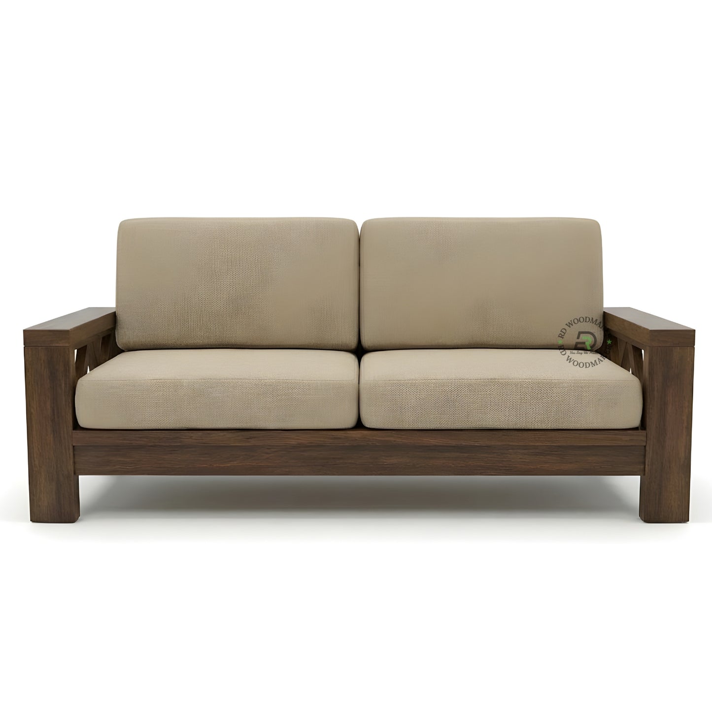 MODERN SOLID WOOD 2 SEATER SOFA WITH BEIGE CUSHIONS
