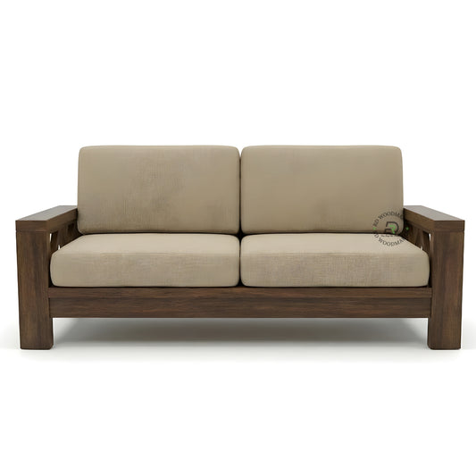 MODERN SOLID WOOD 2 SEATER SOFA WITH BEIGE CUSHIONS