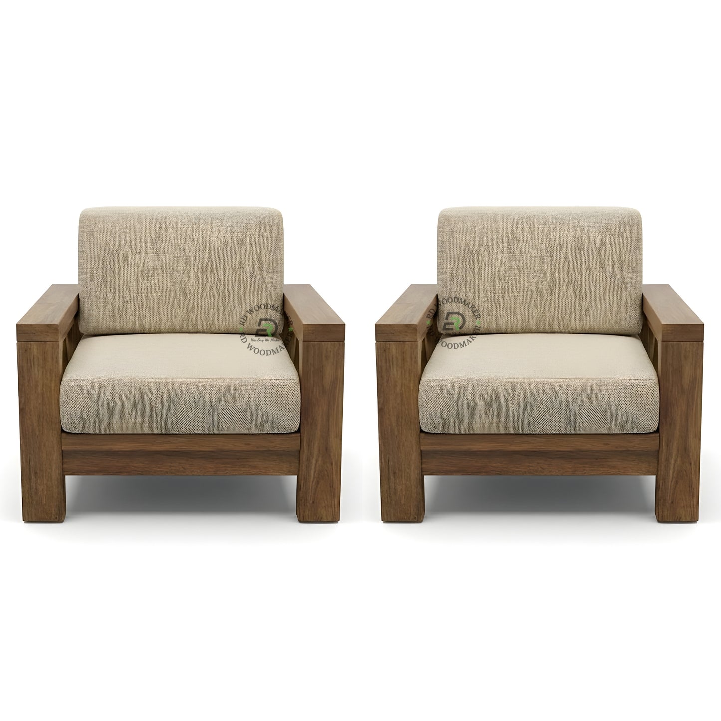 MODERN SOLID WOOD 2 SEATER SOFA WITH BEIGE CUSHIONS