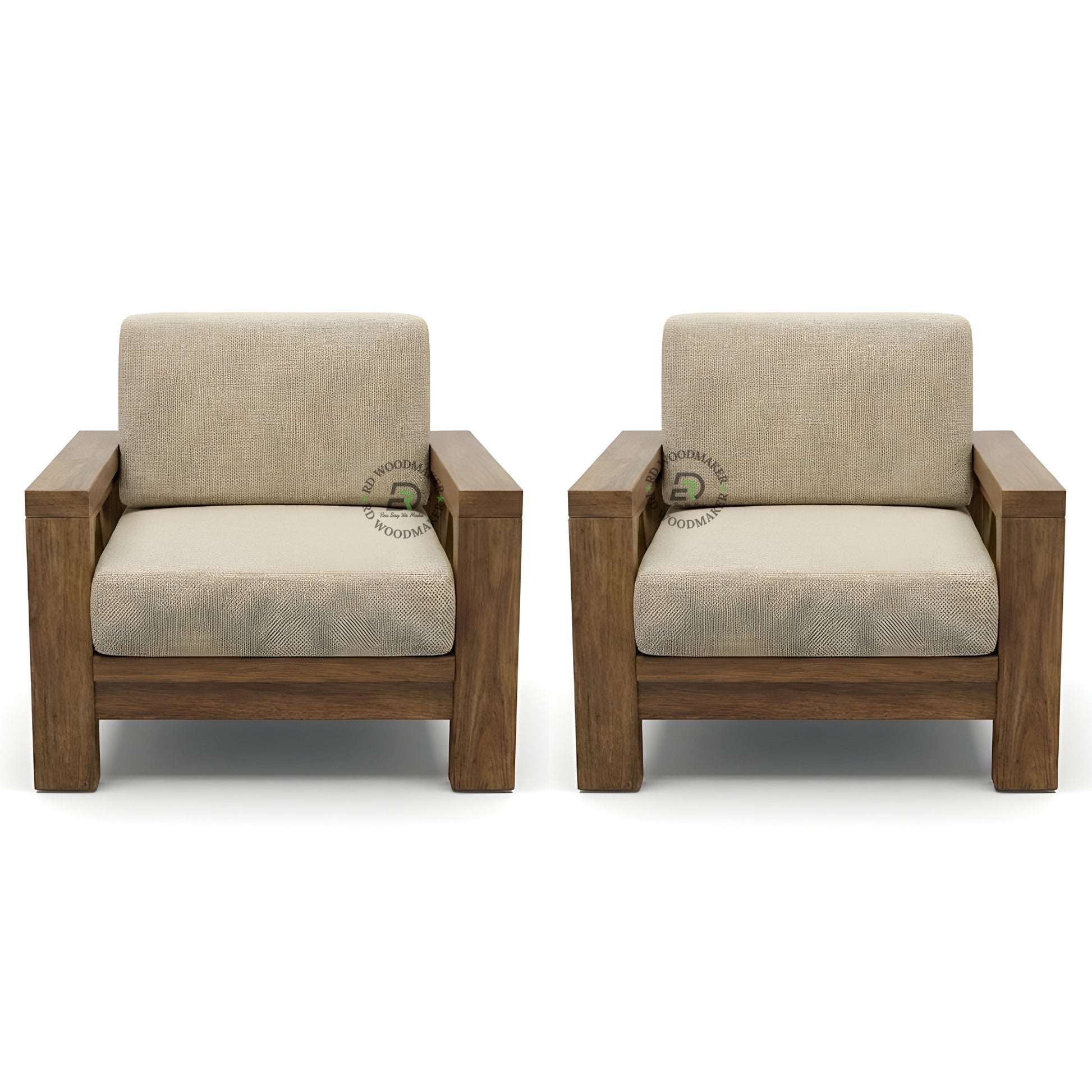 MODERN SOLID WOOD 2 SEATER SOFA WITH BEIGE CUSHIONS