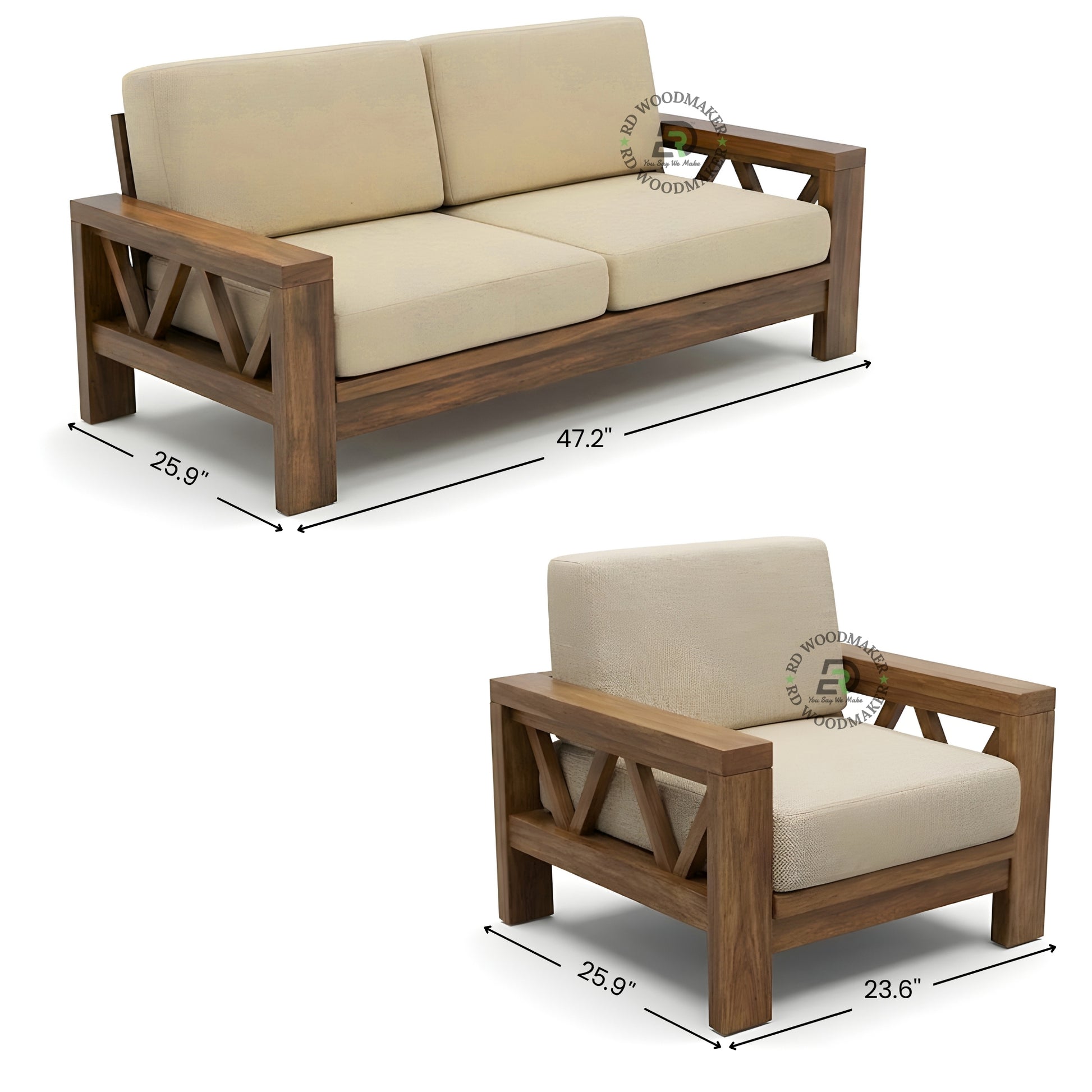 MODERN SOLID WOOD 2 SEATER SOFA WITH BEIGE CUSHIONS