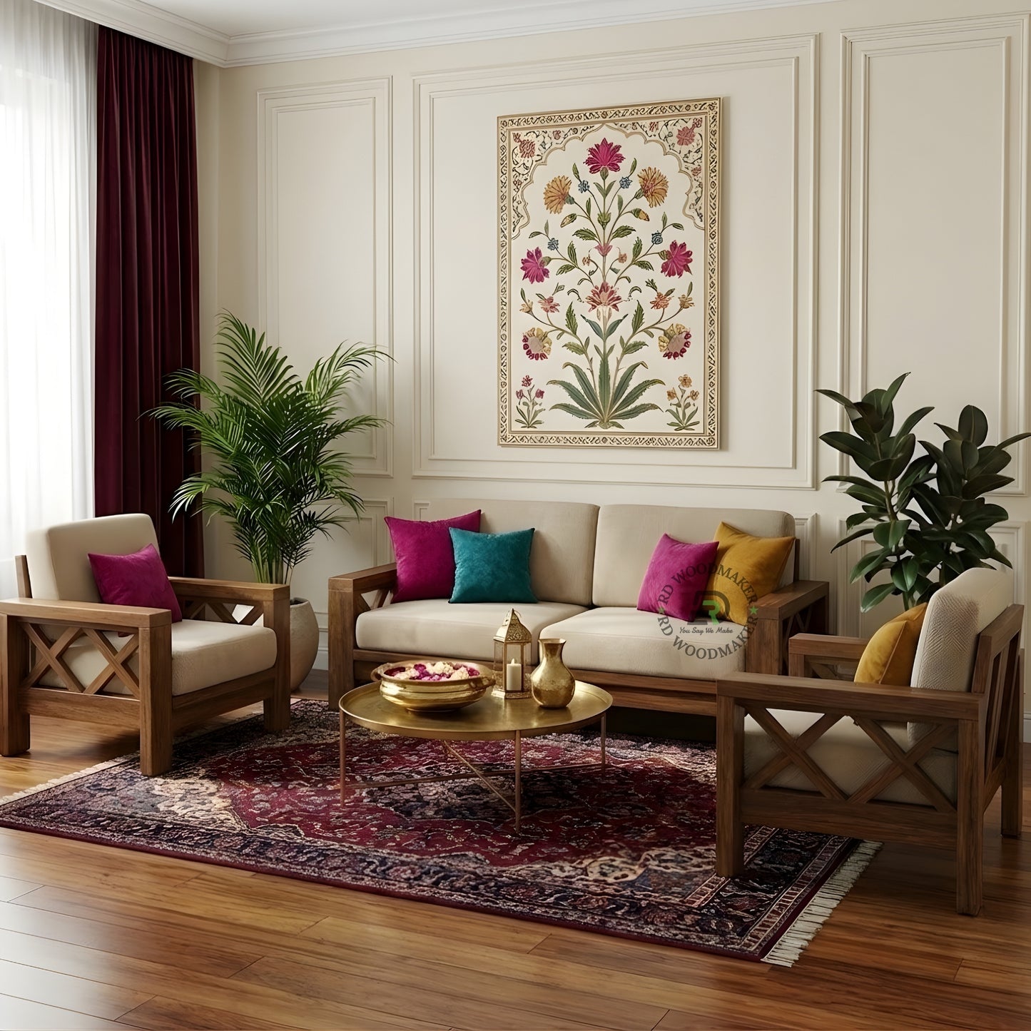 MODERN SOLID WOOD 2 SEATER SOFA WITH BEIGE CUSHIONS