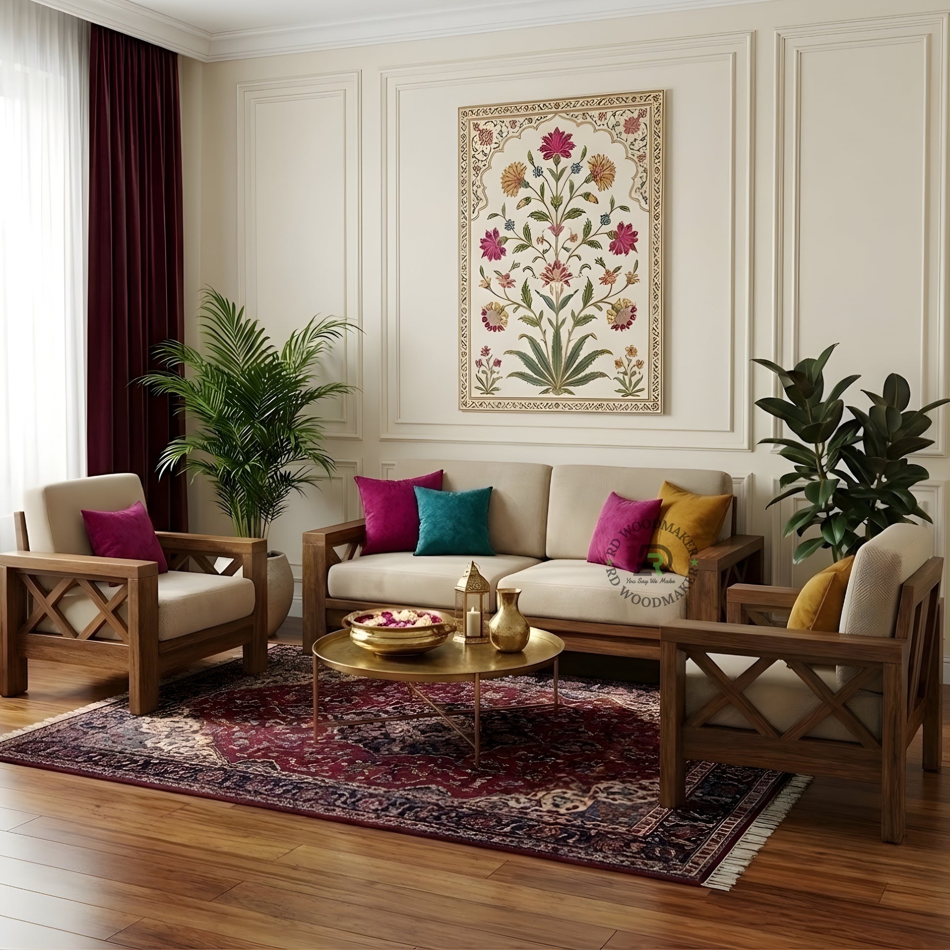 MODERN SOLID WOOD 2 SEATER SOFA WITH BEIGE CUSHIONS