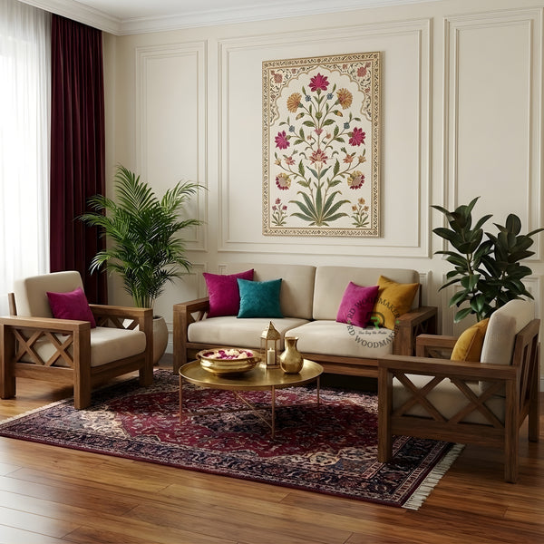 MODERN SOLID WOOD 2+1+1 SEATER SOFA WITH BEIGE CUSHIONS