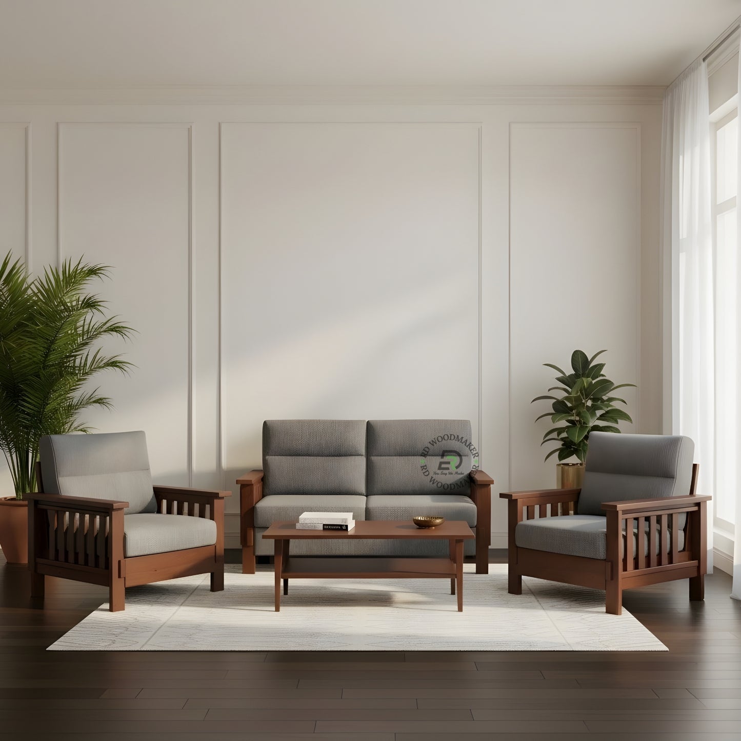 CONTEMPORARY WOODEN SOFA SET WITH GREY UPHOLSTERY