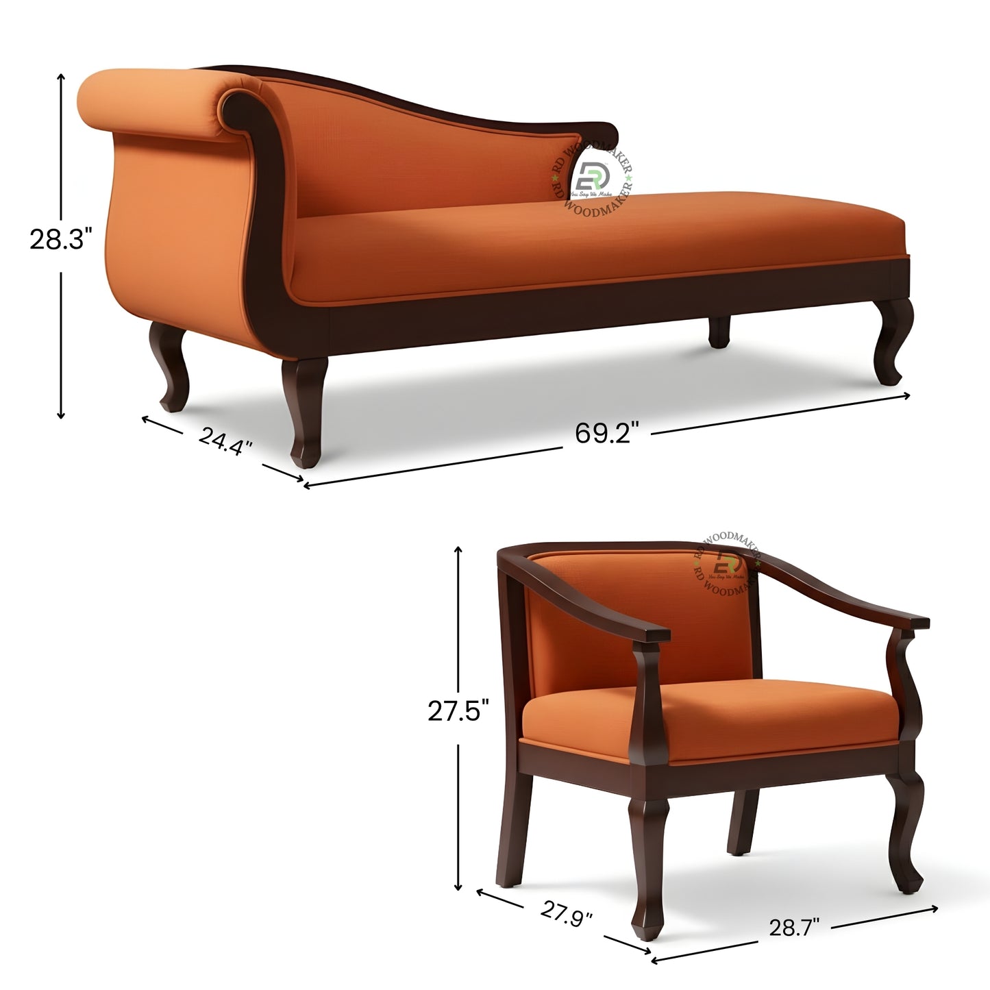 CLASSIC ORANGE UPHOLSTERED WOODEN CHAISE LOUNGE