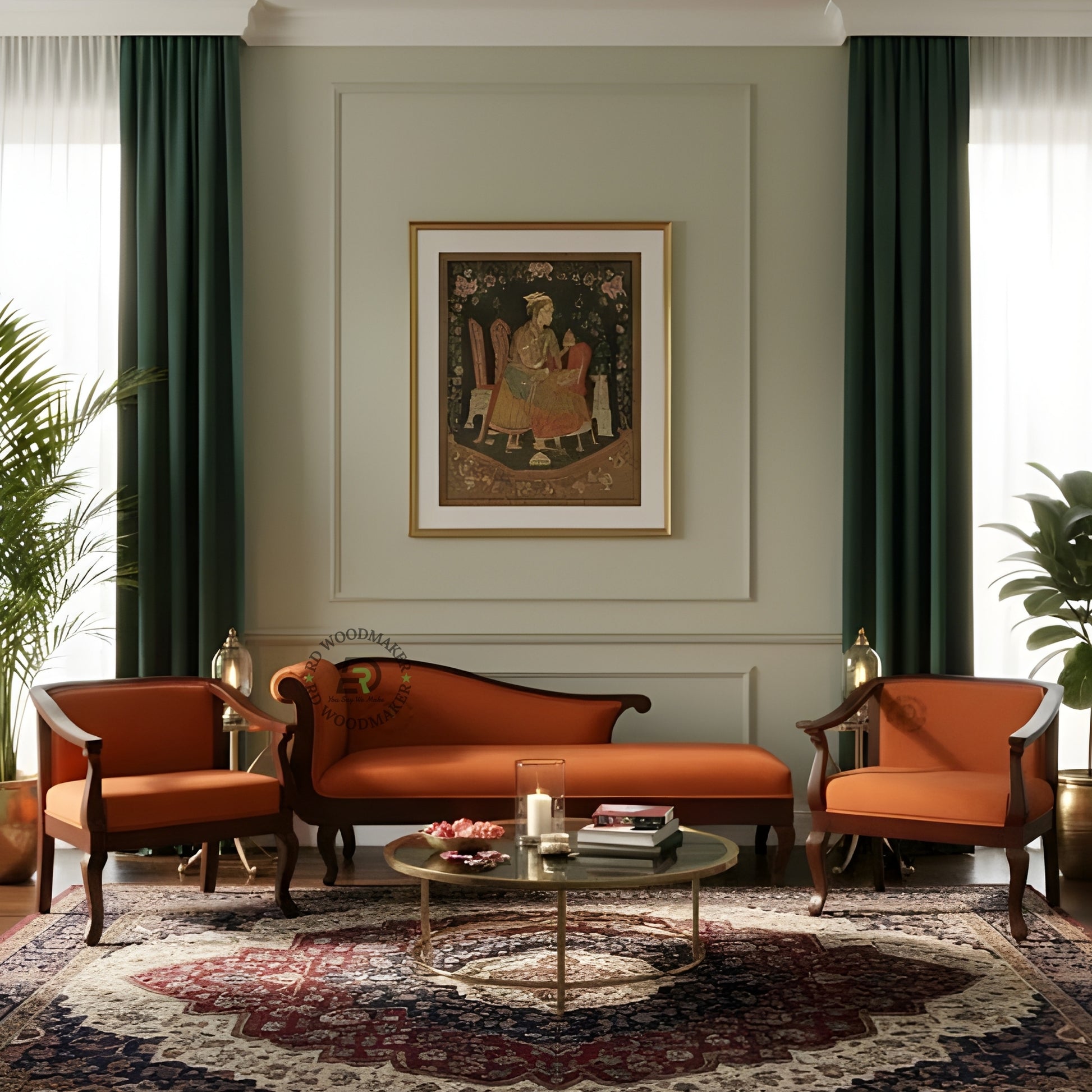 CLASSIC ORANGE UPHOLSTERED WOODEN CHAISE LOUNGE