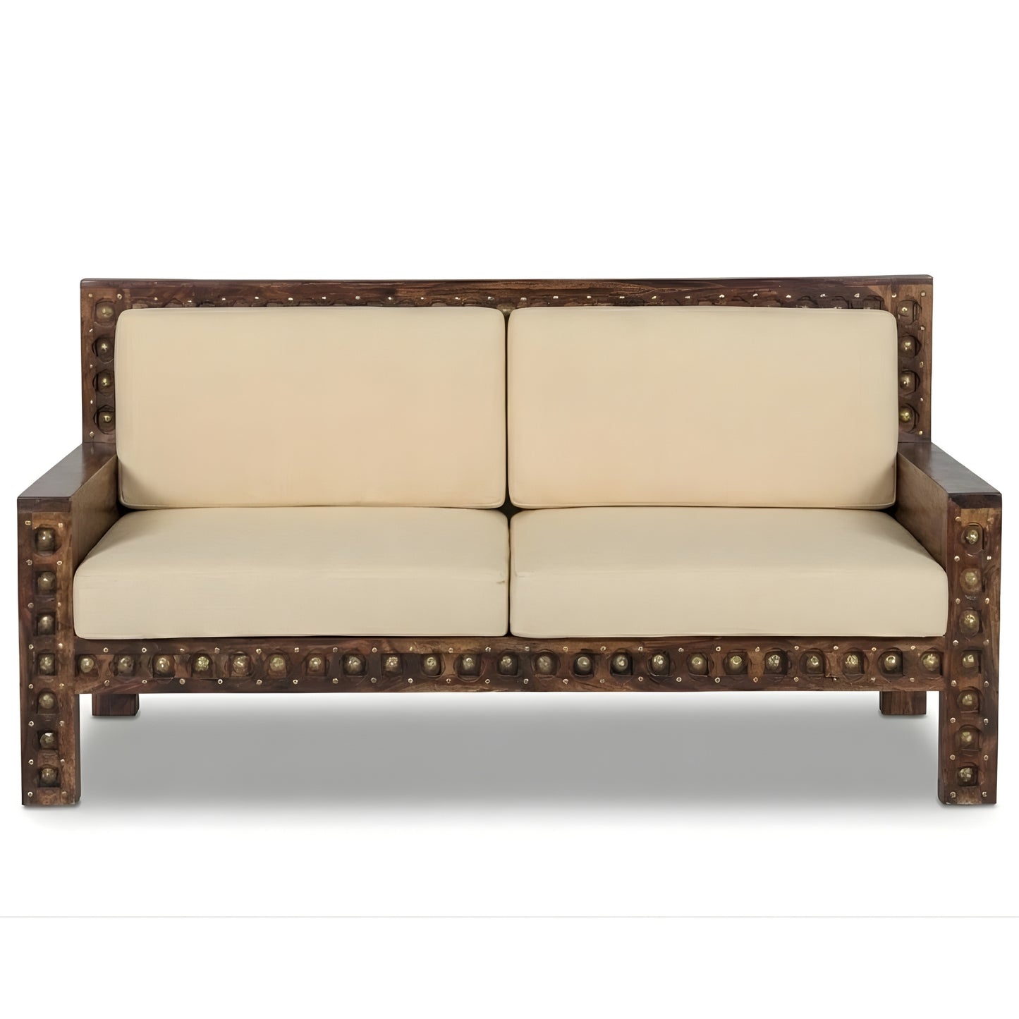 HANDCRAFTED STUDDED WOODEN 2 SEATER SOFA WITH BEIGE CUSHIONS