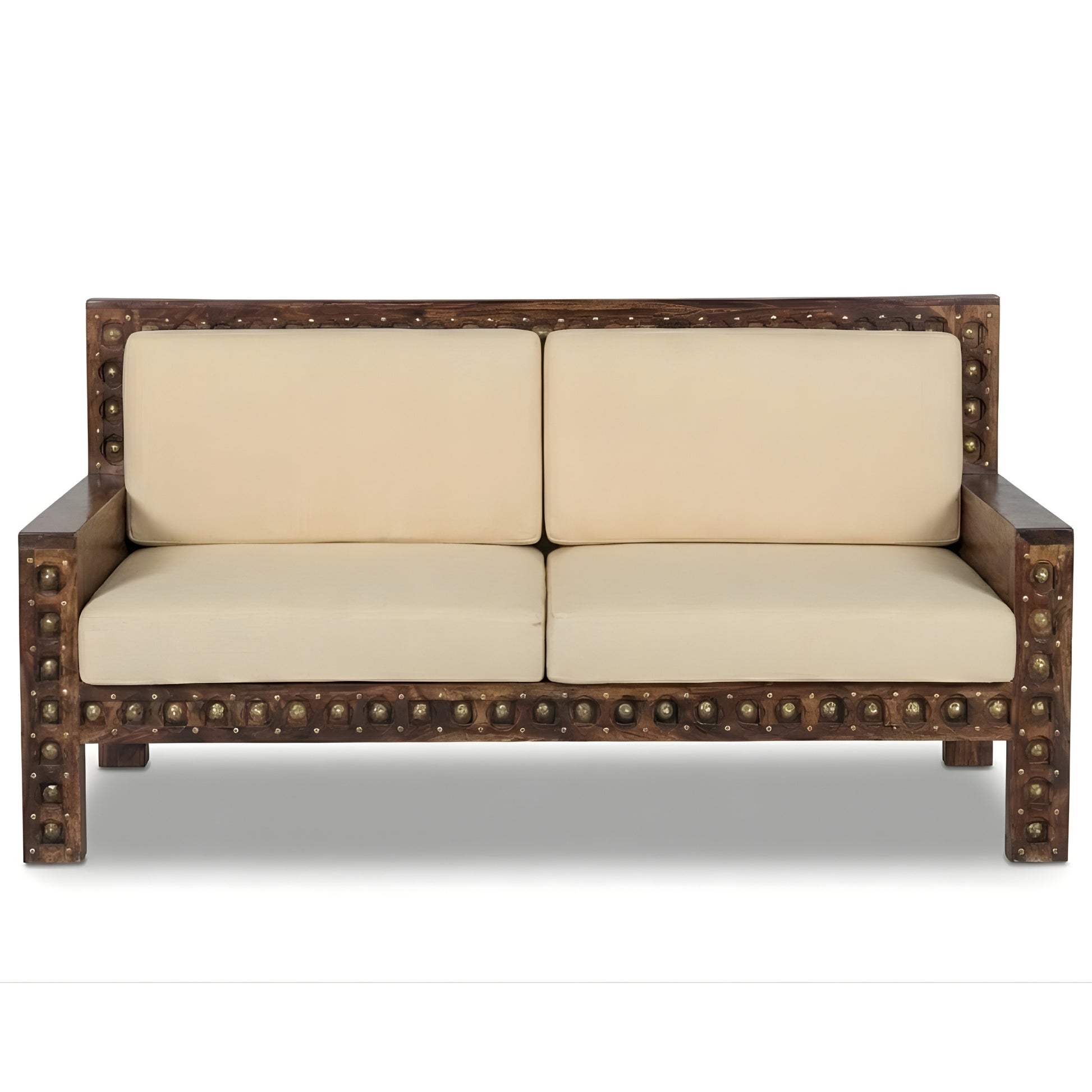 HANDCRAFTED STUDDED WOODEN 2 SEATER SOFA WITH BEIGE CUSHIONS