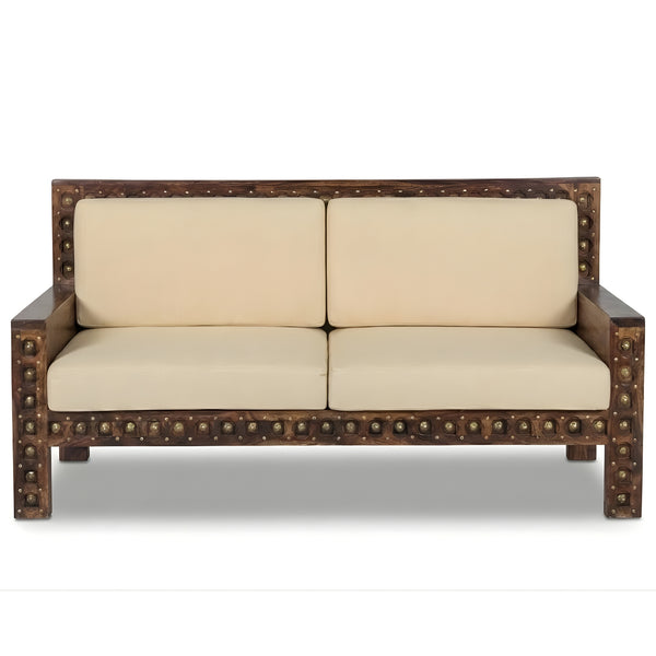 HANDCRAFTED STUDDED WOODEN 2+1+1 SEATER SOFA WITH BEIGE CUSHIONS