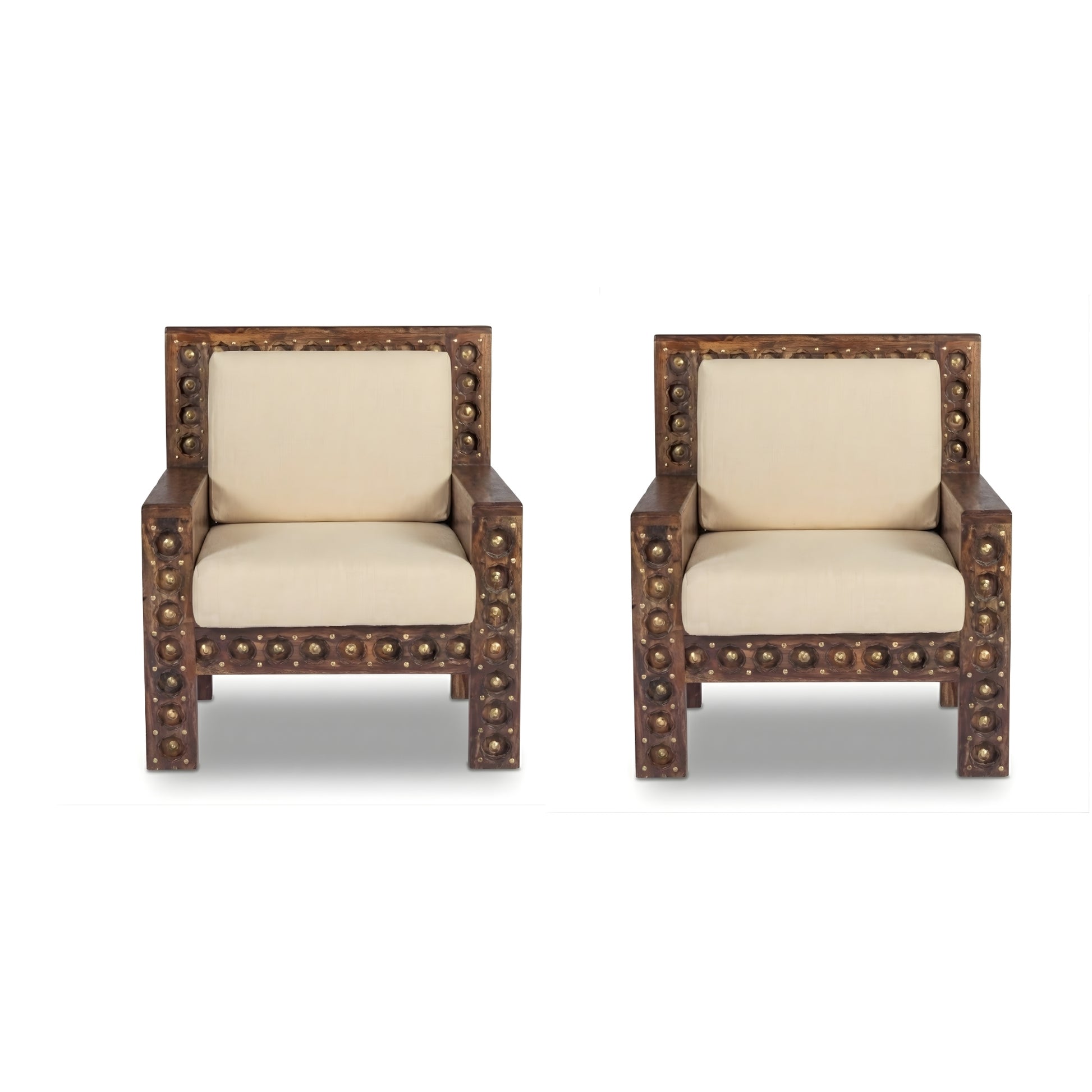 HANDCRAFTED STUDDED WOODEN 2 SEATER SOFA WITH BEIGE CUSHIONS