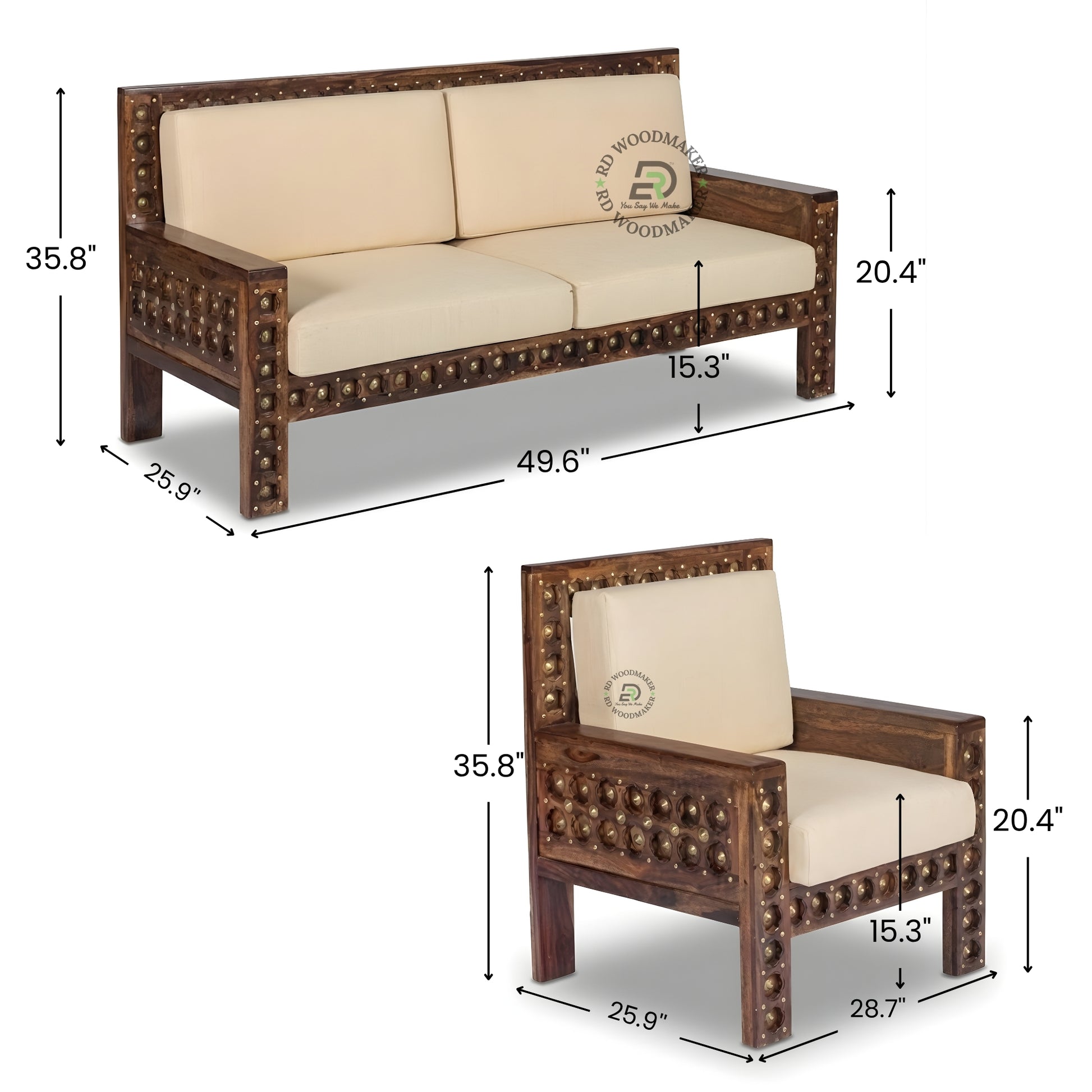 HANDCRAFTED STUDDED WOODEN 2 SEATER SOFA WITH BEIGE CUSHIONS