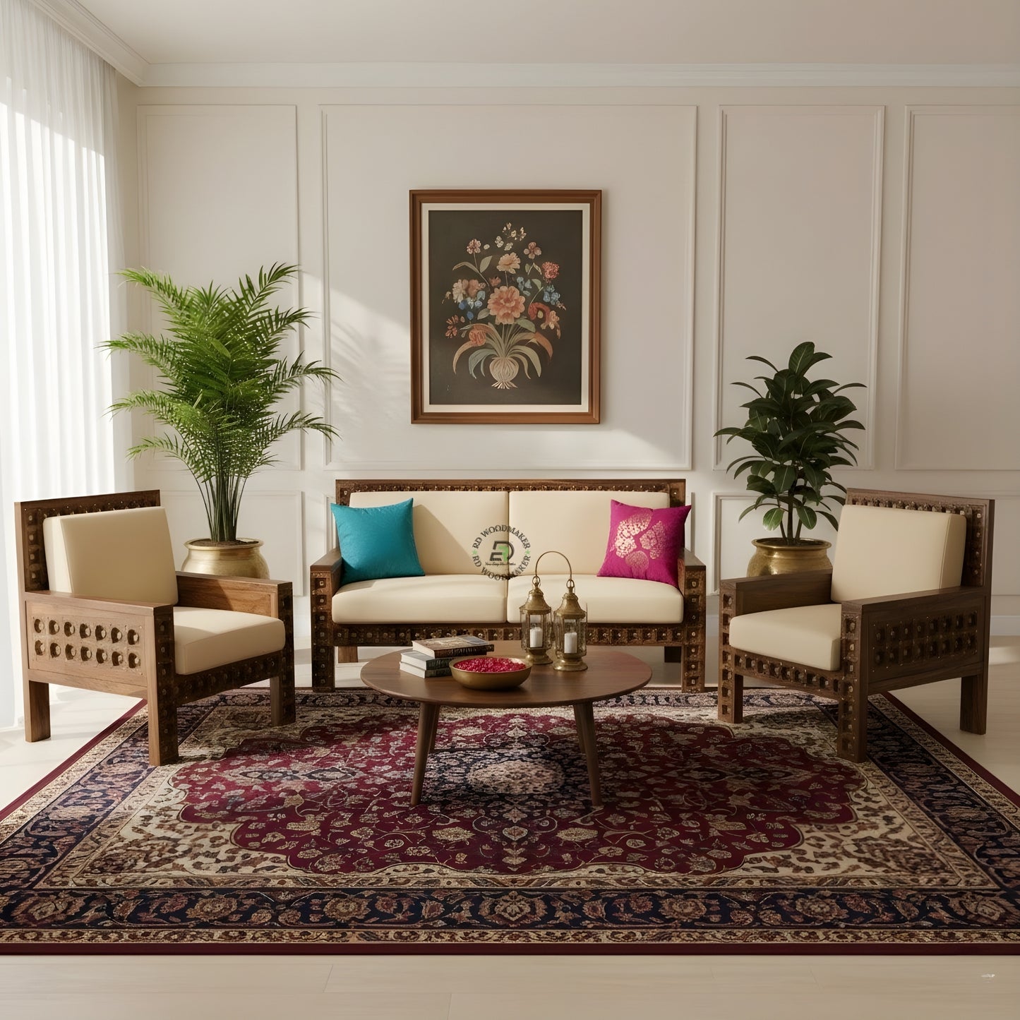 HANDCRAFTED STUDDED WOODEN 2 SEATER SOFA WITH BEIGE CUSHIONS