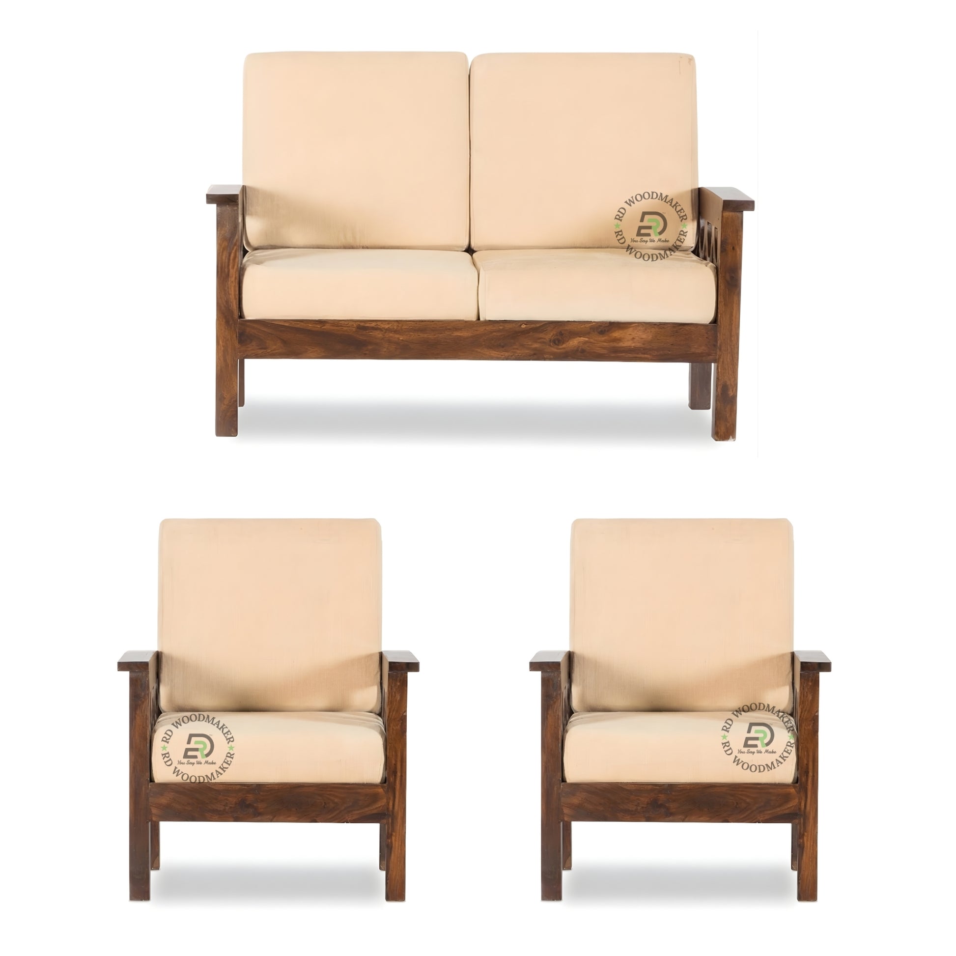 SCALLOPED SIDE WOODEN SOFA SET WITH BEIGE CUSHIONS