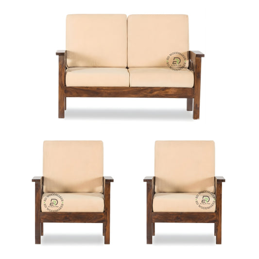 SCALLOPED SIDE WOODEN SOFA SET WITH BEIGE CUSHIONS