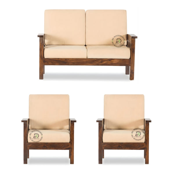 SCALLOPED SIDE WOODEN SOFA SET  WITH BEIGE CUSHIONS
