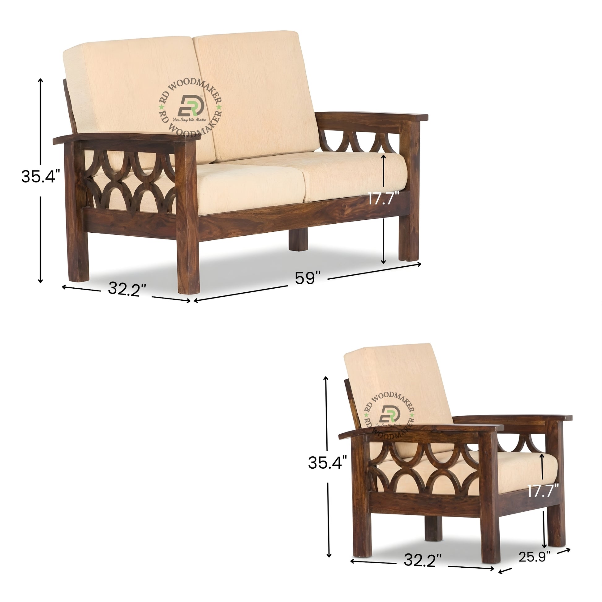 SCALLOPED SIDE WOODEN SOFA SET WITH BEIGE CUSHIONS