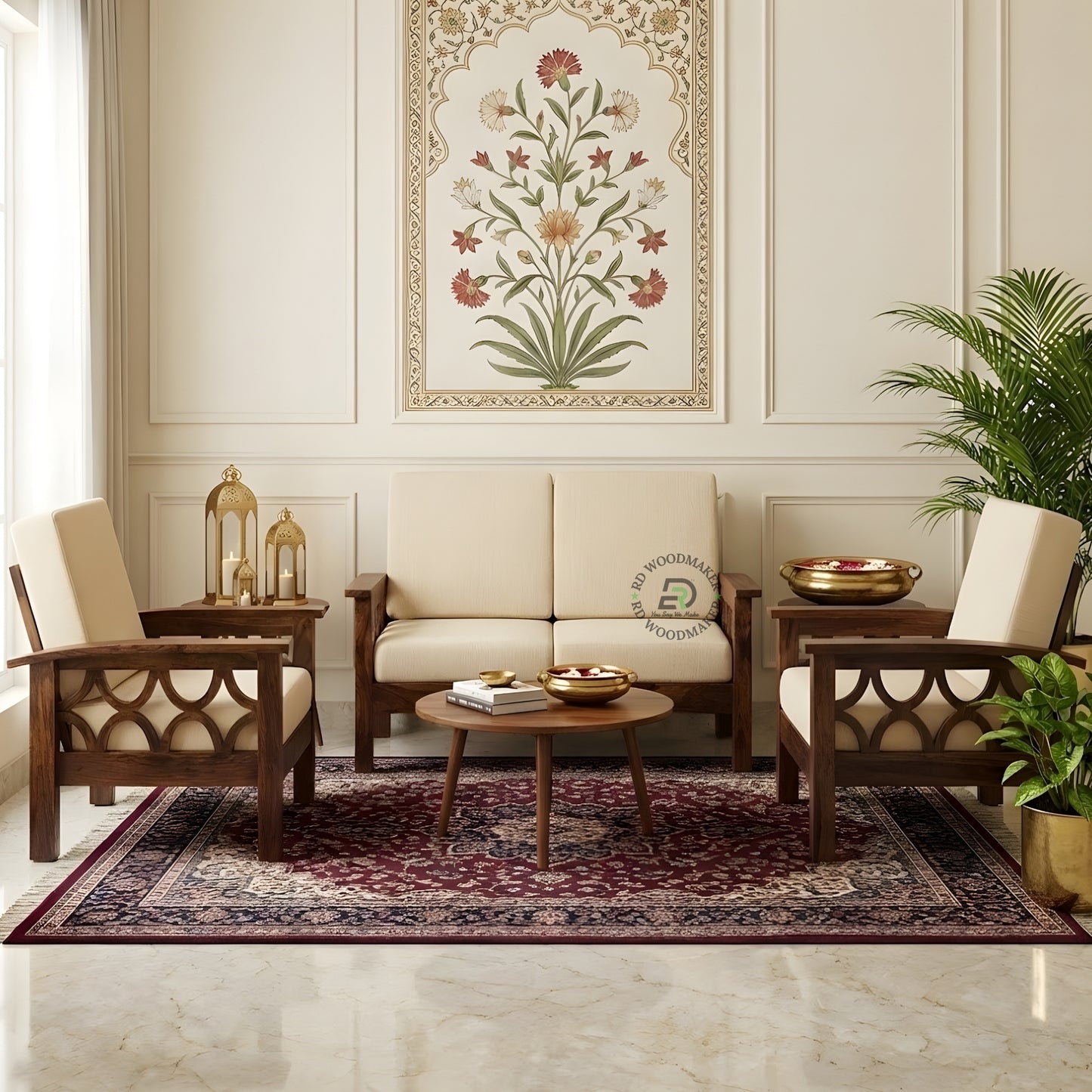 SCALLOPED SIDE WOODEN SOFA SET WITH BEIGE CUSHIONS