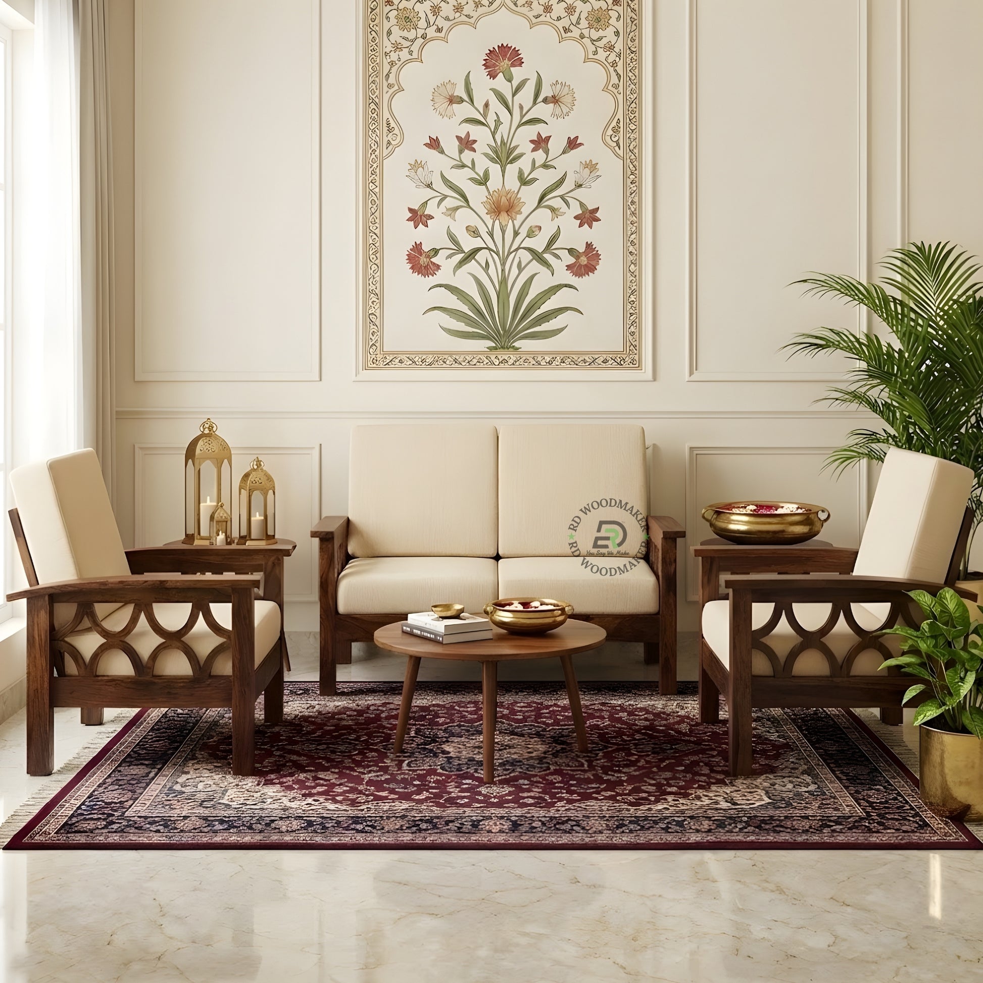 SCALLOPED SIDE WOODEN SOFA SET WITH BEIGE CUSHIONS