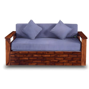 BRICK PATTERN SOLID WOOD SOFA CUM BED WITH GREY CUSHIONS