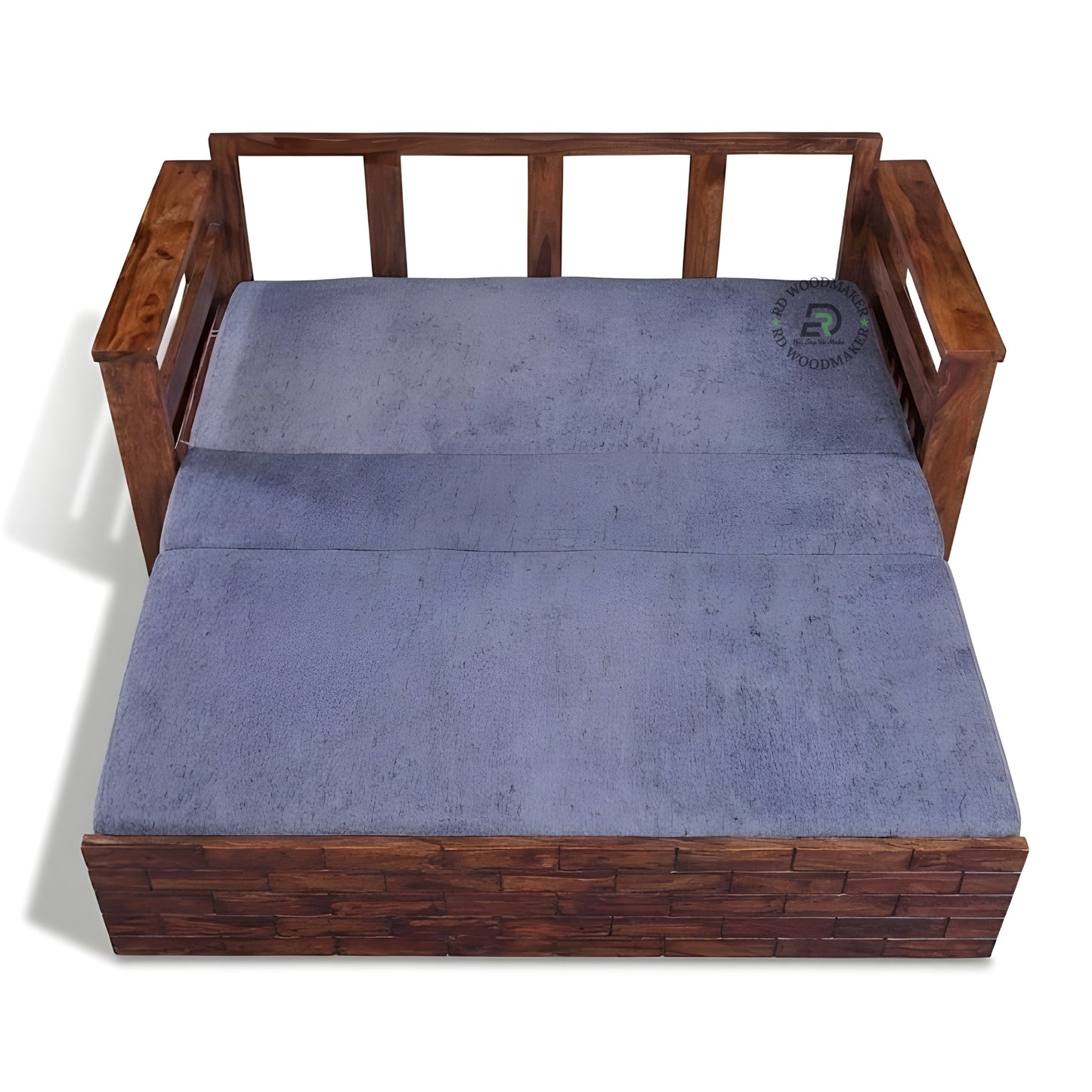 BRICK PATTERN SOLID WOOD SOFA CUM BED WITH GREY CUSHIONS