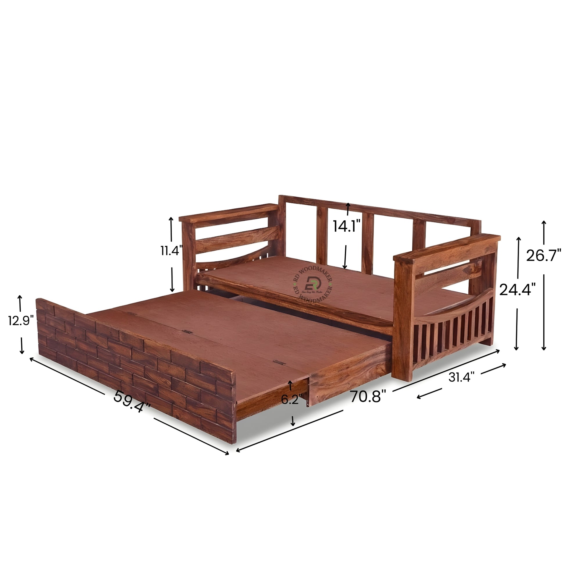 BRICK PATTERN SOLID WOOD SOFA CUM BED WITH GREY CUSHIONS