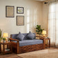 BRICK PATTERN SOLID WOOD SOFA CUM BED WITH GREY CUSHIONS