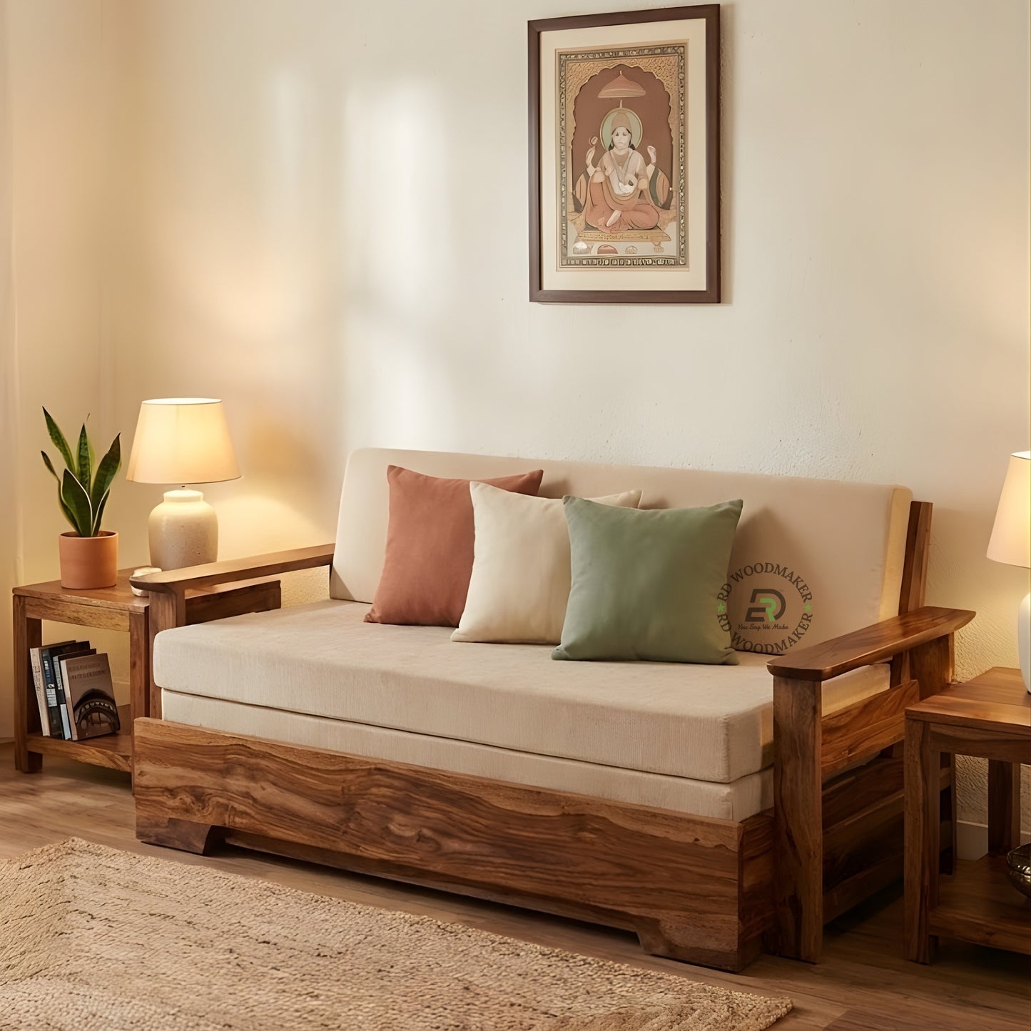 CONTEMPORARY WOODEN SOFA CUM BED WITH PULL OUT DESIGN