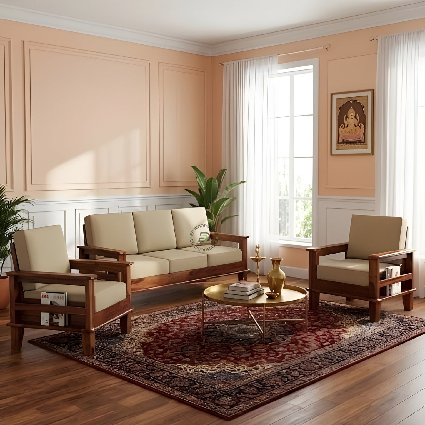 MINIMALIST STRAIGHT ARM WOODEN 3 SEATER SOFA