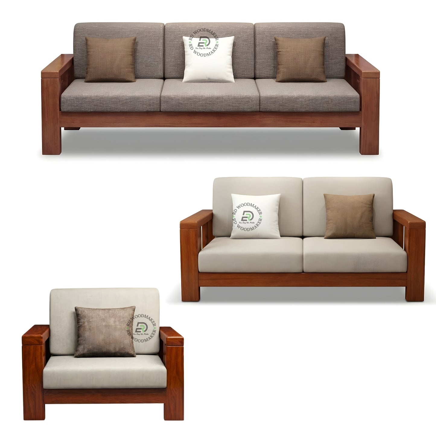 CONTEMPORARY SOLID WOOD 3 SEATER SOFA WITH GREY CUSHIONS