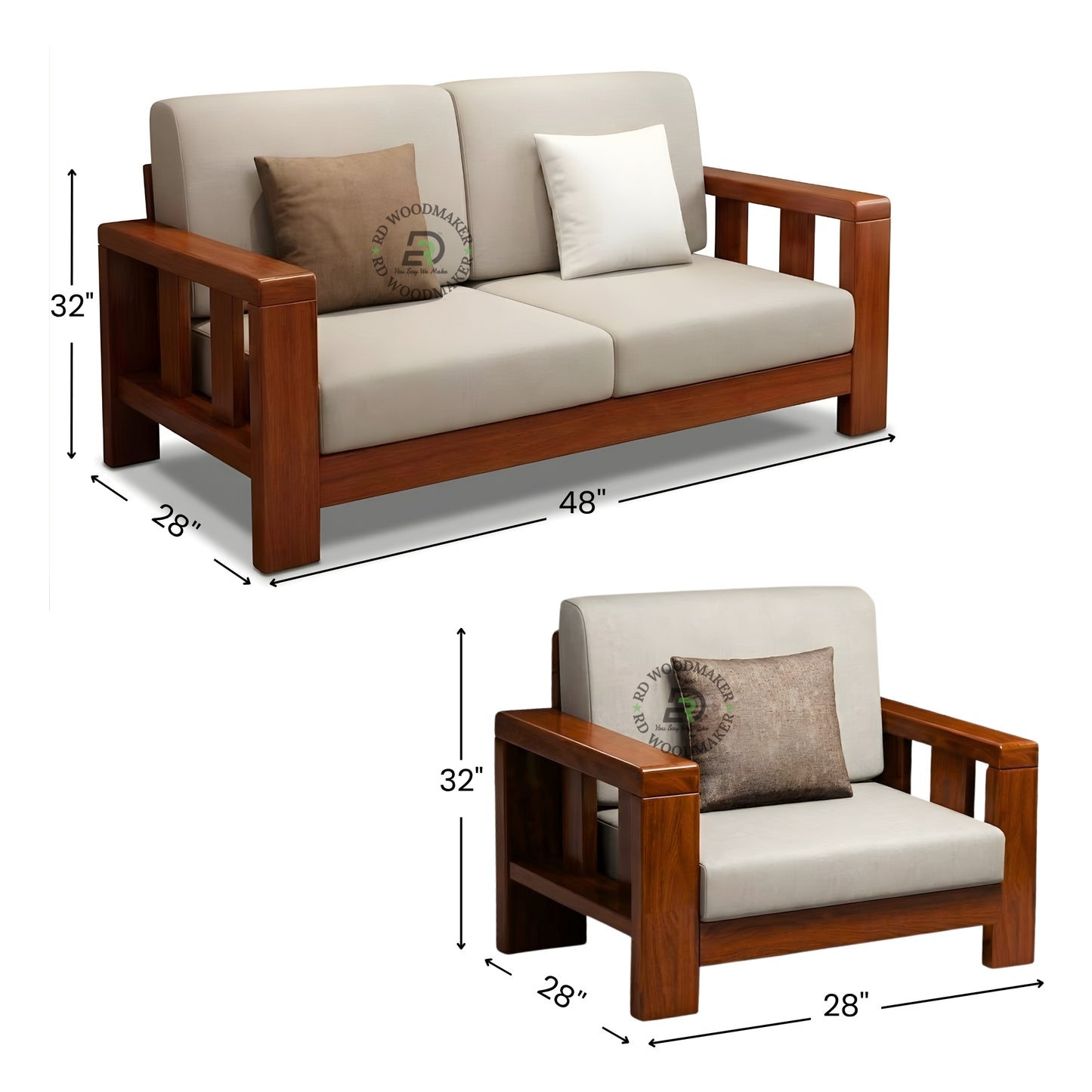 CONTEMPORARY SOLID WOOD 3 SEATER SOFA WITH GREY CUSHIONS