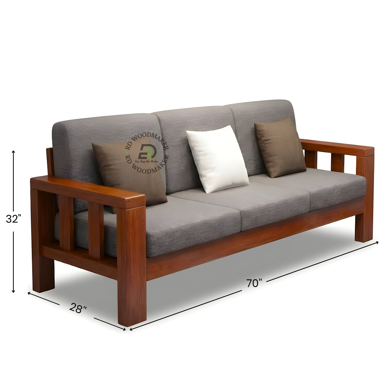 CONTEMPORARY SOLID WOOD 3 SEATER SOFA WITH GREY CUSHIONS